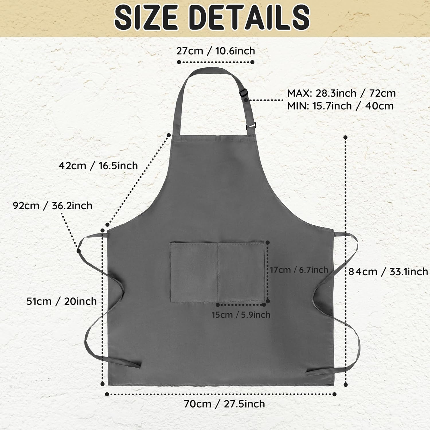 Chef Apron for Men and Women Wash Free Bib Apron with 2 Pockets Water & Oil Proof Adjustable Aprons Professional for Cooking Kitchen Gardening Painting BBQ - Grey image number 4