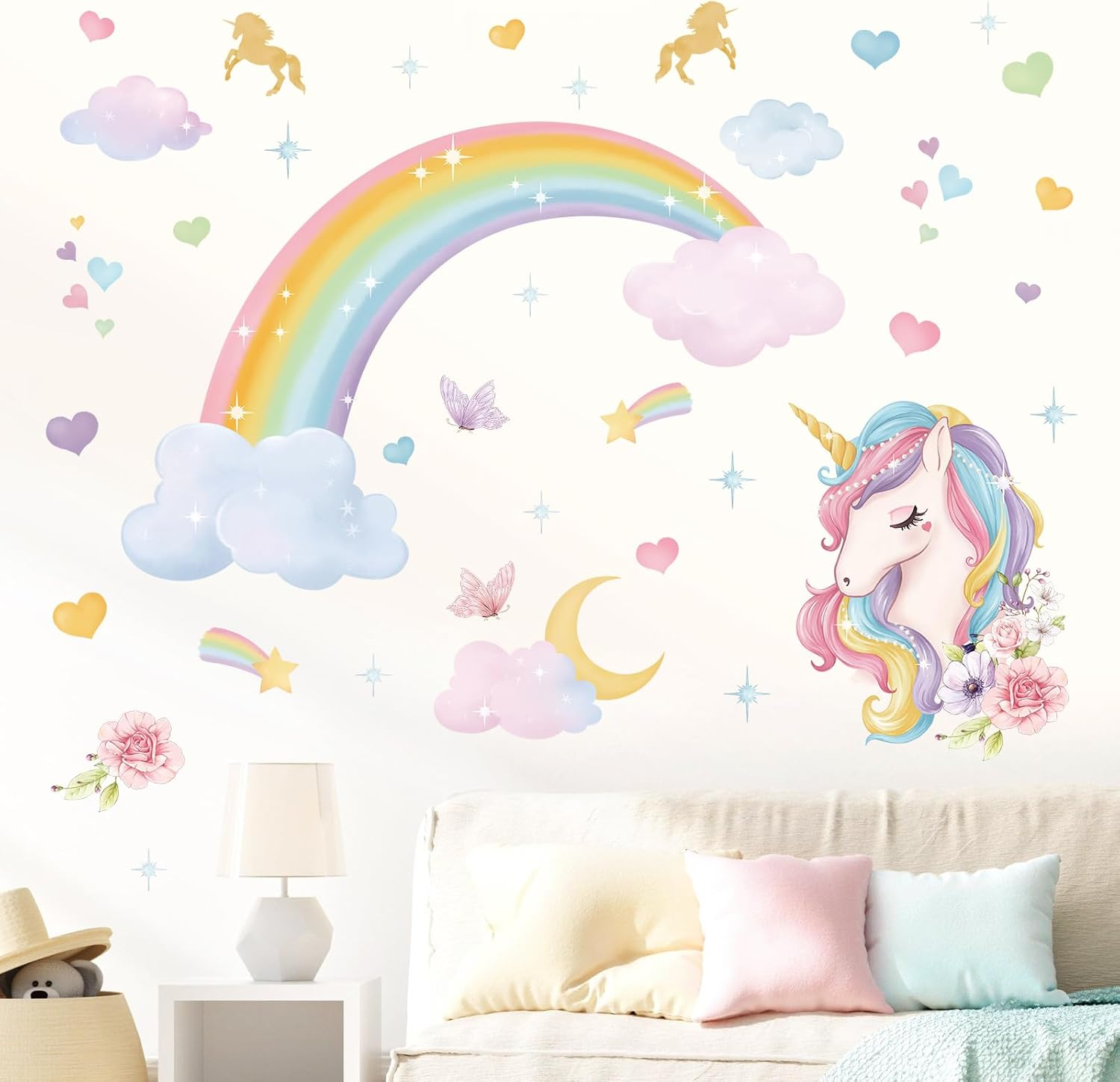 Wondever Rainbow Wall Stickers Unicorn Clouds Peel and Stick Wall Art Decals for Girls Bedroom Kids Room Baby Nursery image number 2