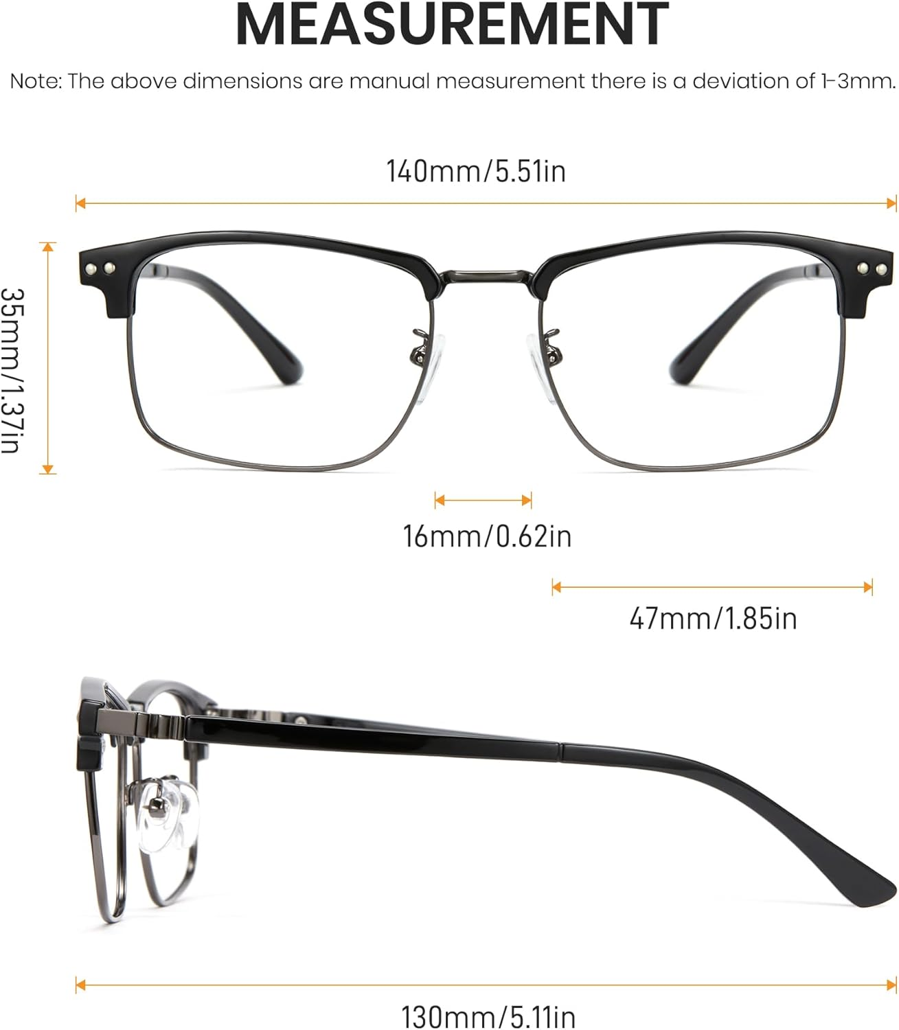 Cyxus Blue Light Glasses Half Rimless Clear Lens Computer Eyeglass Frame for Men