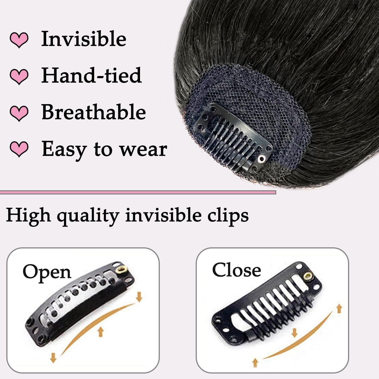 ORIGEN Real Human Hair Clip in Bangs, Brown Black, WIG, Straight, Strikes - Brown Black Coloir image number 3