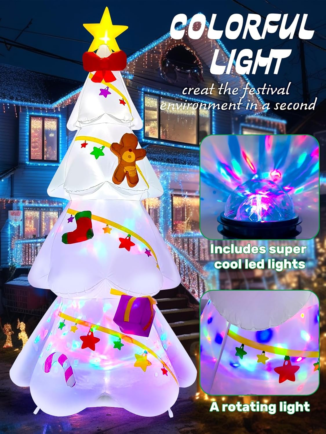 EBANKU 9 FT Christmas Inflatable Xmas Tree Outdoor Decorations, Blow up Yard Decoration Christmas Tree with Star Gingerbread Man, Build in Leds, Colorful Rotating Light for Holiday Indoor Garden Lawn image number 4