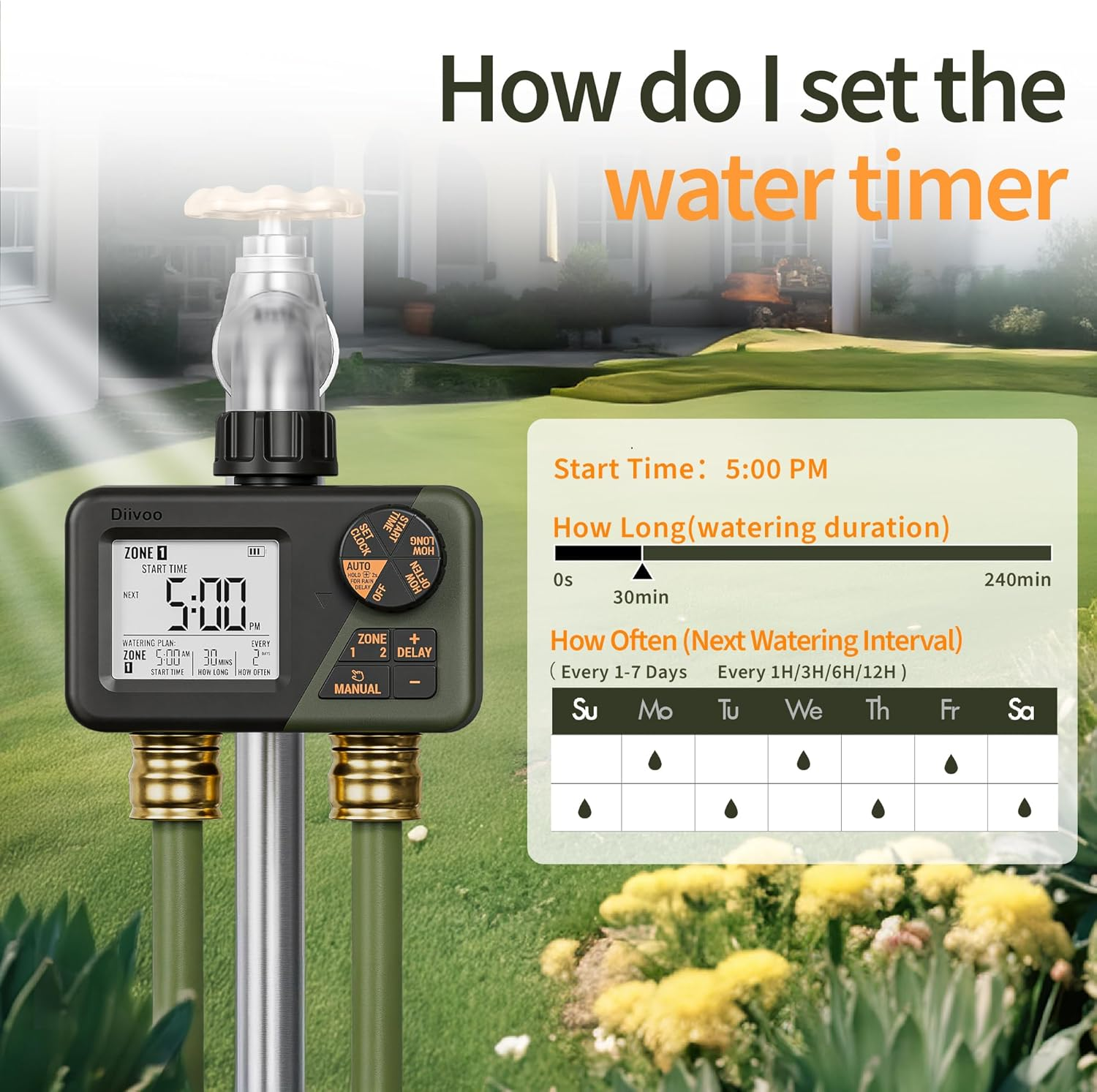 Diivoo Sprinkler Timer 2 Zone, Programmable Water Hose Timer 2 Outlet for Garden, Outdoor Automatic Irrigation System IPX5 Waterproof with Rain Delay/Manual for Lawn, Yard, Pool image number 5