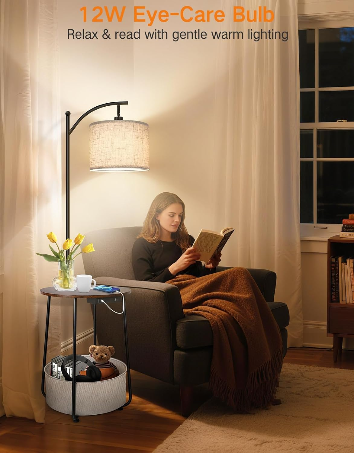 OUTON Floor Lamp with Table, Shelf Floor Lamp with Charging Station, 3 Color Temperatures 12W LED Bulb, Standing Lamp with Fabric Basket for Bedroom Living Room Office, Rustic Brown image number 4