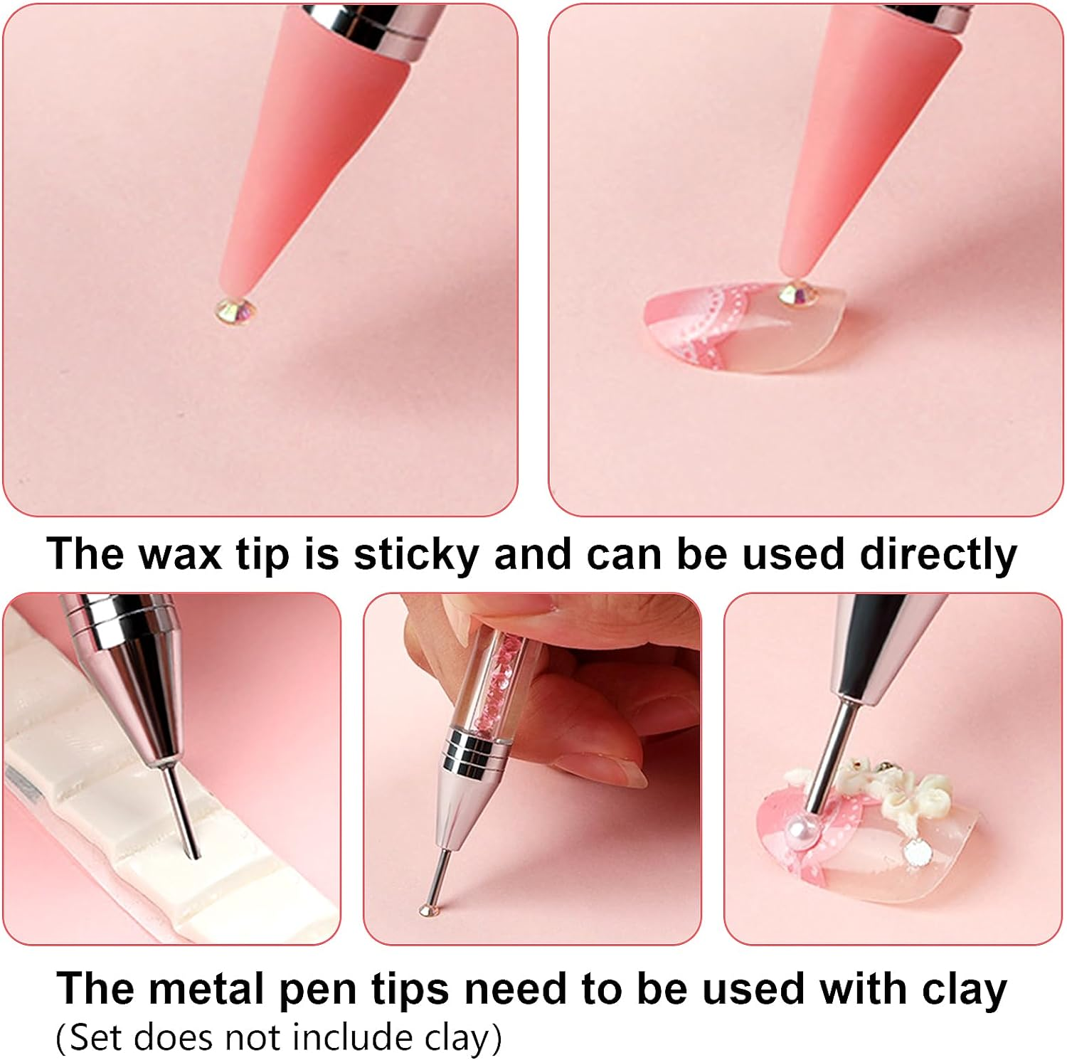 Erinde Dual-Ended Rhinestone Picker Tool, Acrylic Handle Wax Pencil, Diamond Painting Dotting Pen for DIY Nail Art with 2 Extra Tips, Pink image number 6