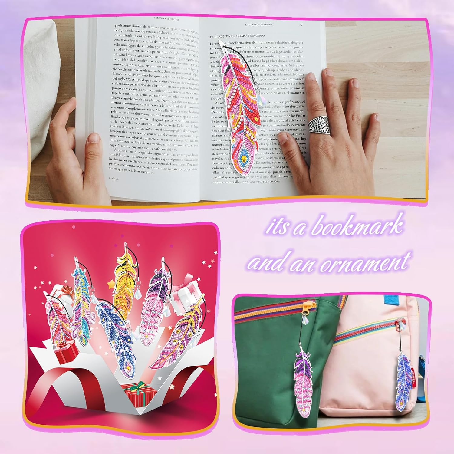 MATHARAGO 6 Pcs Diamond Painting Kits for Kids, Feather Bookmark Diamond Art Kits, DIY Crystal Diamond Art for Kids, Enfants, Girls and Women, Diamond Painting Bookmarks with Crystal Pendant (YQ087) image number 2