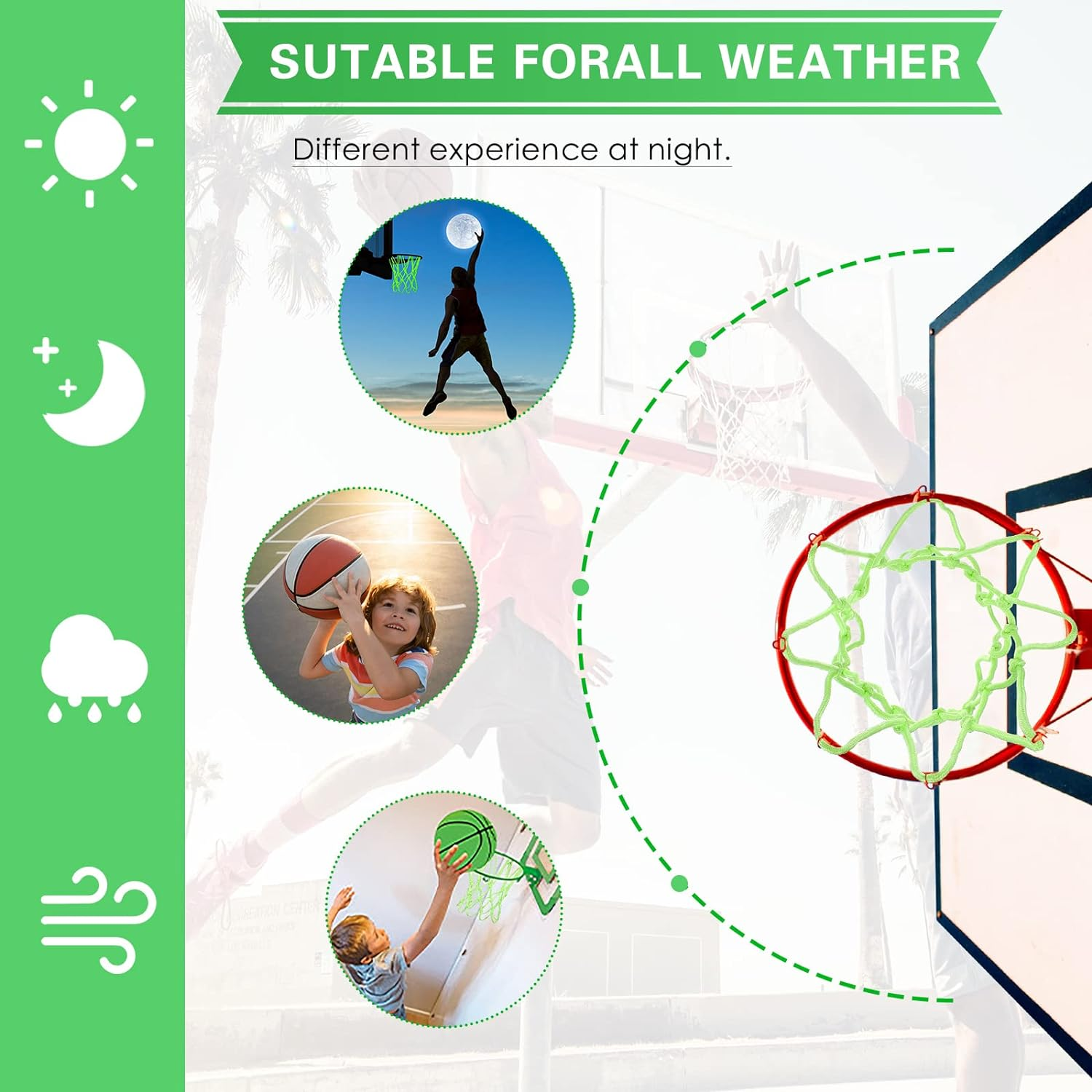 Nightlight Mini Basketball Net Glow 8 Loop Replacement Basketball Hoop Net Glow in the Dark Basket Ball Outdoor Portable Nylon Mesh for Children Outdoor Sun Powered Sports Gifts 8-10.25 Inch Rims image number 4