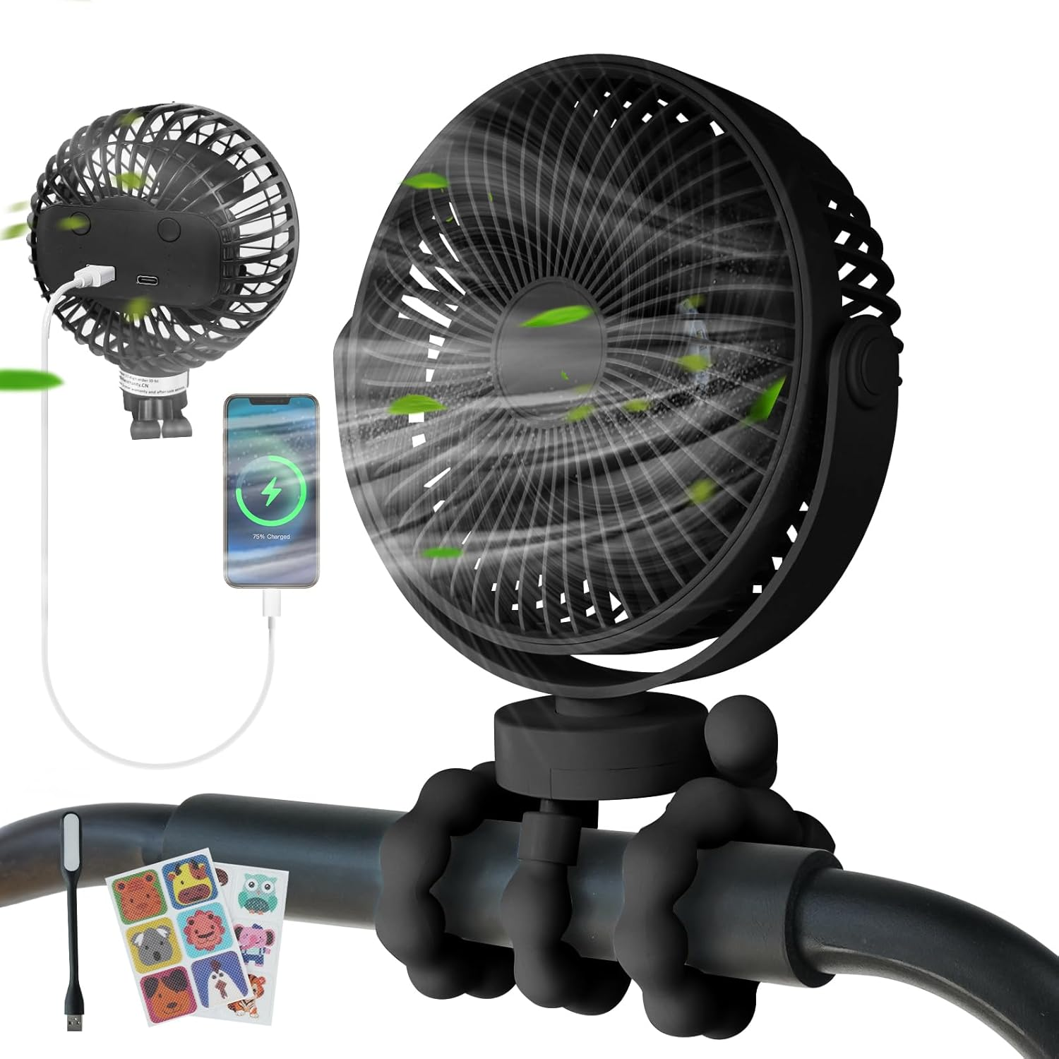 USOR Pram Fan, 4 Speed Portable Clip on Stroller Fan for Baby5000Mah Battery Operated Personal Desk Fans with Flexible Tripod Mini Handheld Usb Fan Rechargeable for Car Seat Treadmill Camping Black image number 6