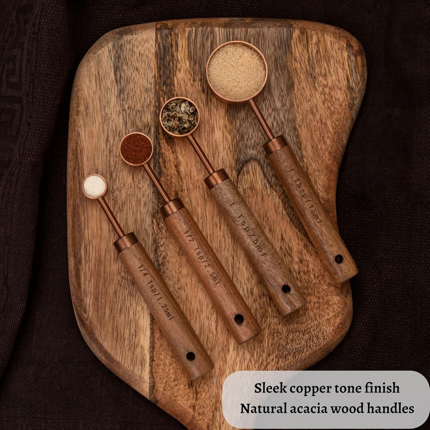 Copper Stainless Steel Measuring Cups and Spoons Set of 8, Wooden Handle with US Measurements, Metric Cups and Spoons for Cooking and Baking image number 5