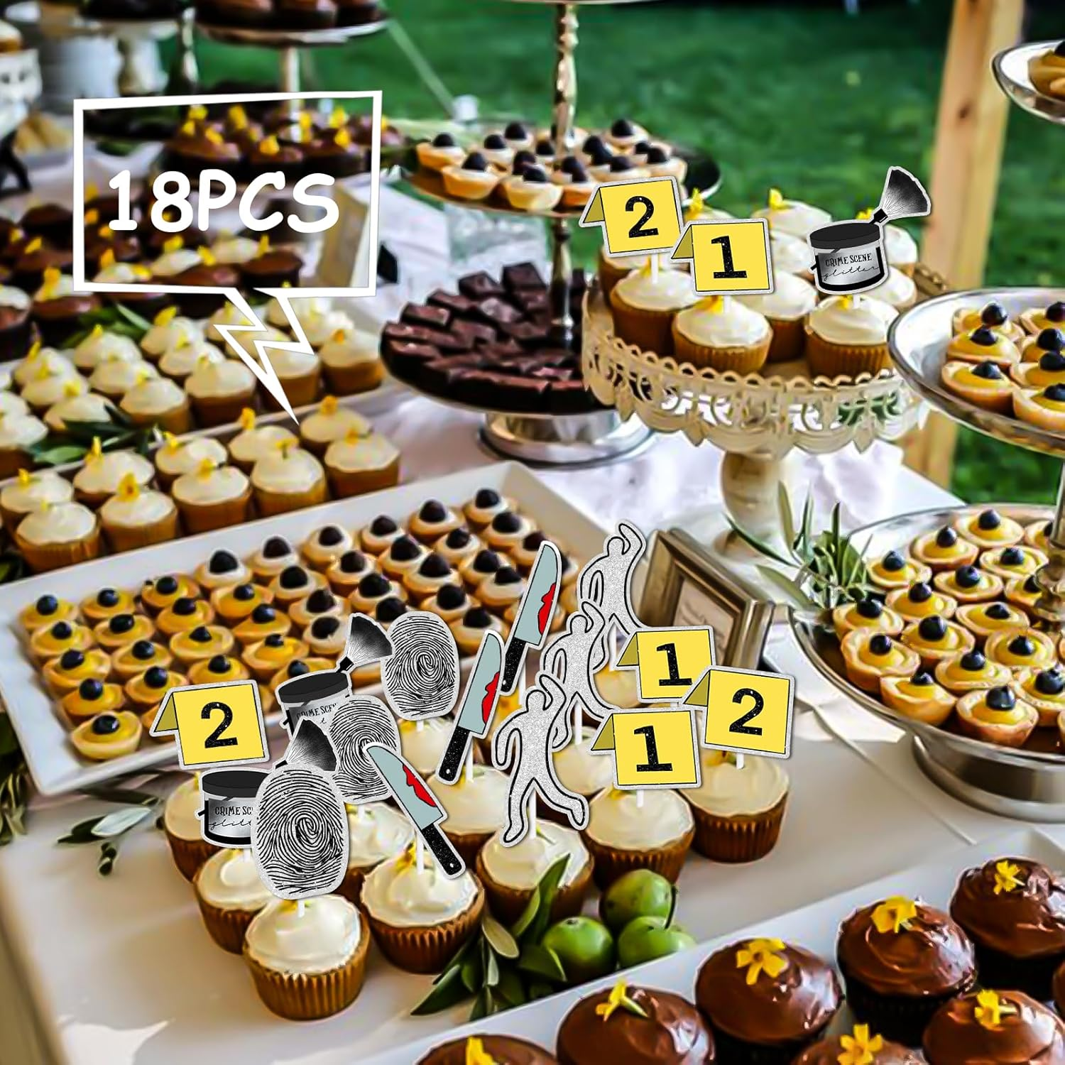18Pcs Glitter Dessert Cupcake Topper Mystery Crime Clue Evidence Detective Agent Theme Happy Birthday Party Decor Supplies Decorations image number 5