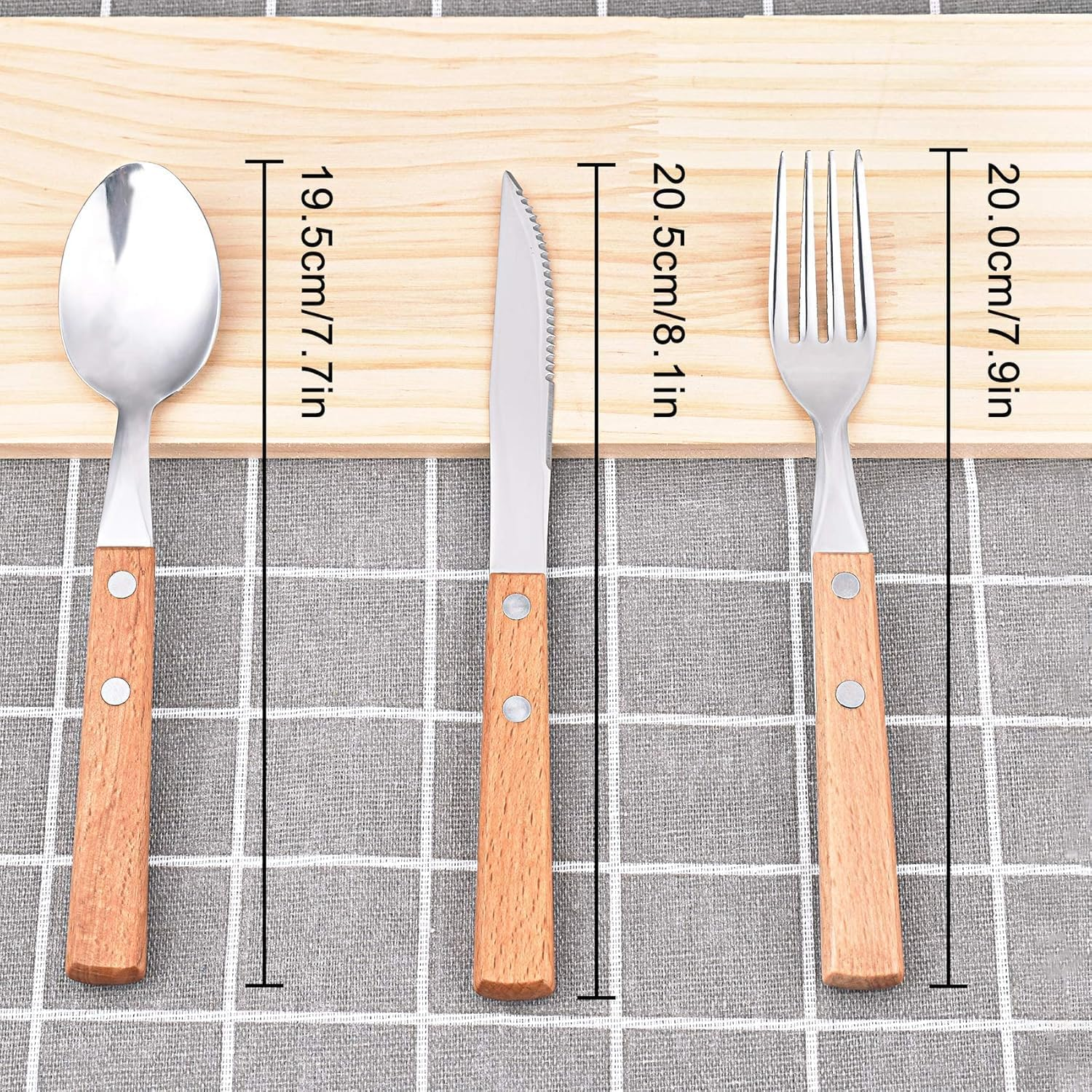 Cutlery Sets of 3, Dinner Spoons, Knife and Fork Set, Stainless Steel with Wooden Wide Handles, Flatware Set Tableware Dinnerware
