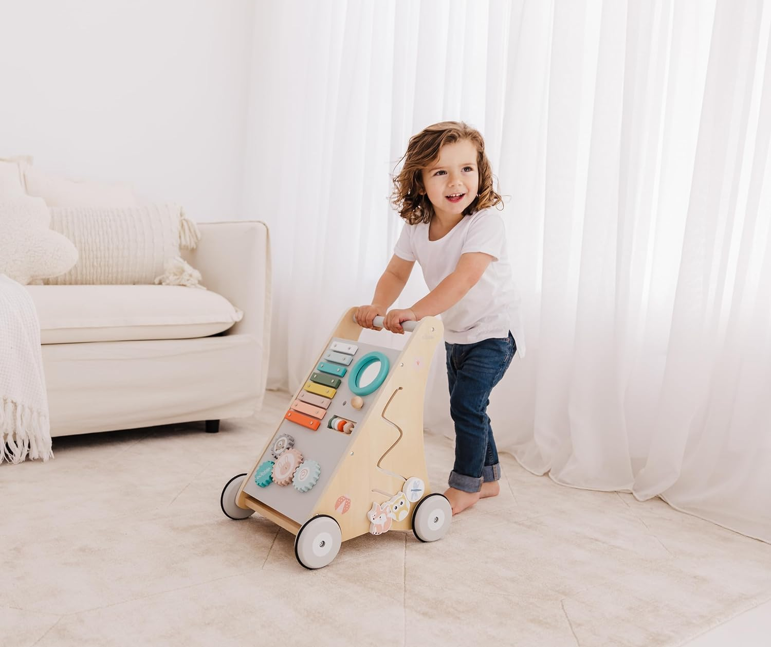 Wooden Baby Activity Walker for Toddlers 18+ Months - Push Walker with Shape Sorter, Bead Maze & Gears - Montessori Educational Toy for First Steps & Motor Skill Development image number 2