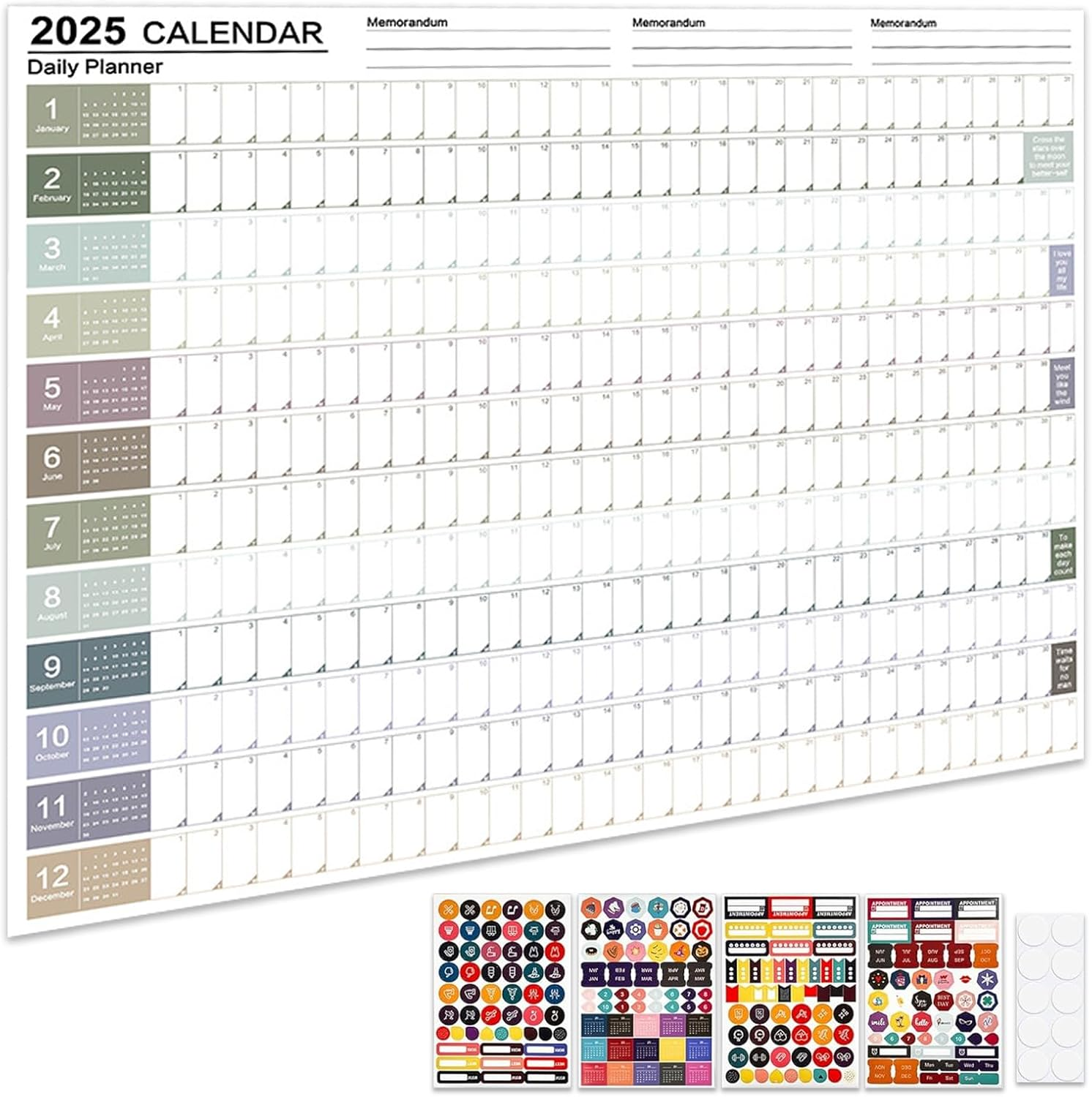 2025 Wall Planner & Yearly Wall Calendar with Colored Stickers, Large Annual Calendar 24"X33" (Open), Foldable Horizontal Poster, 365 Daily Plan Office Home Planner, Blank Paper Chart MRD (Multicolor-M) image number 4