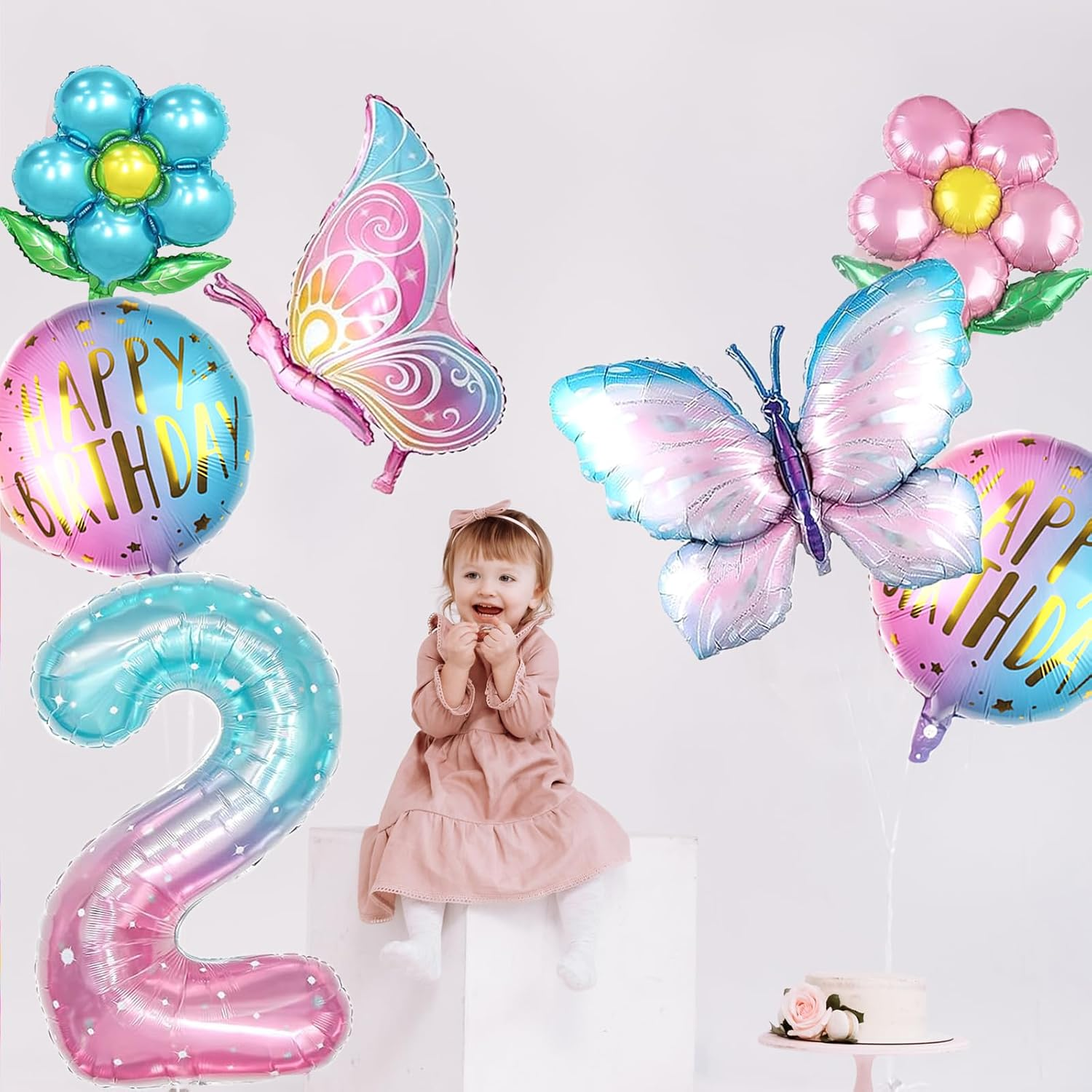 Butterfly Balloons 2Nd Birthday Decorations for Girls Colorful Gradient Pink Butterfly Foil Balloons for Fairy First Birthday Party Baby Shower Decor (Number 2) image number 2