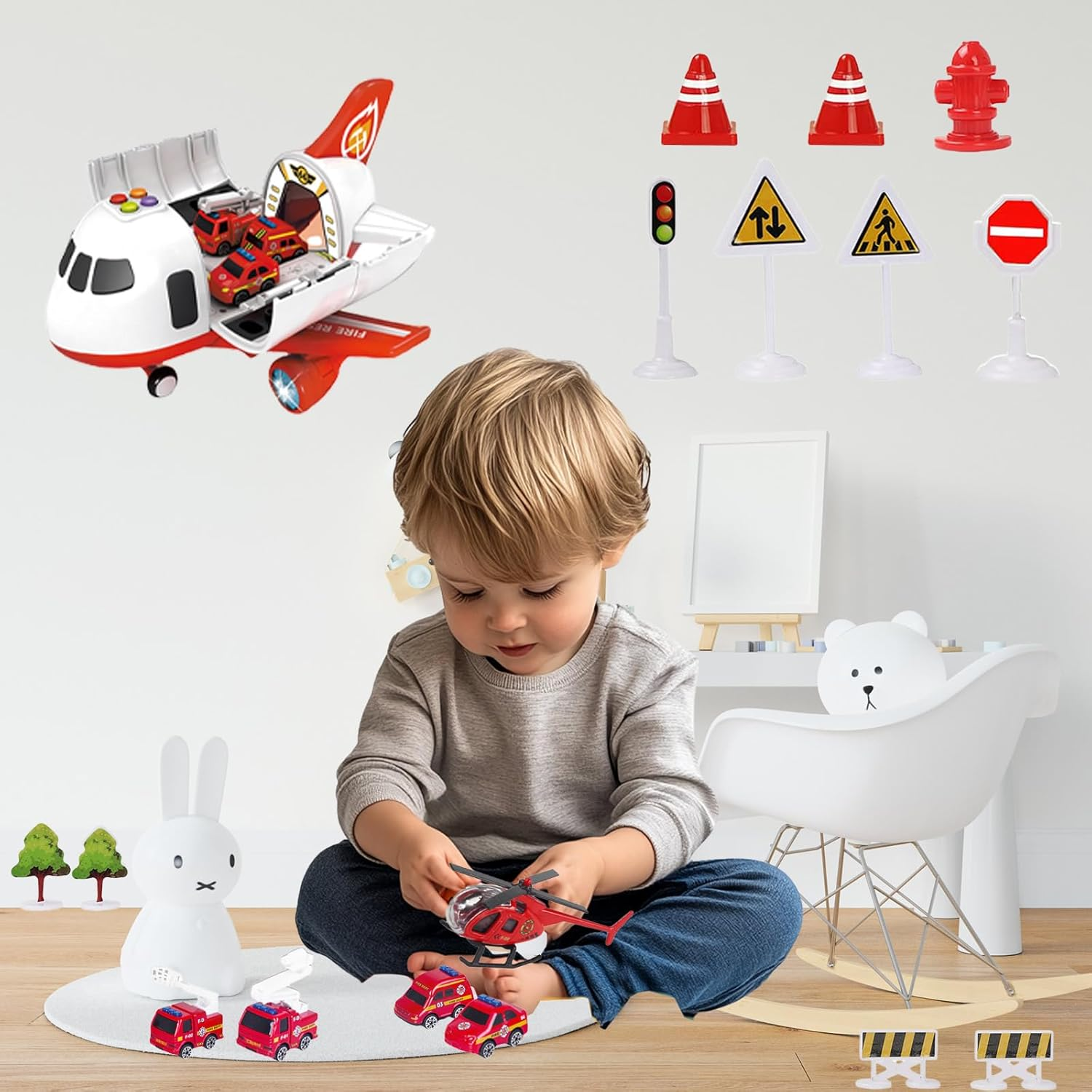 Airplane Toys with Fire Truck Cars Toy Set,Plane with Light up and Sounds image number 3