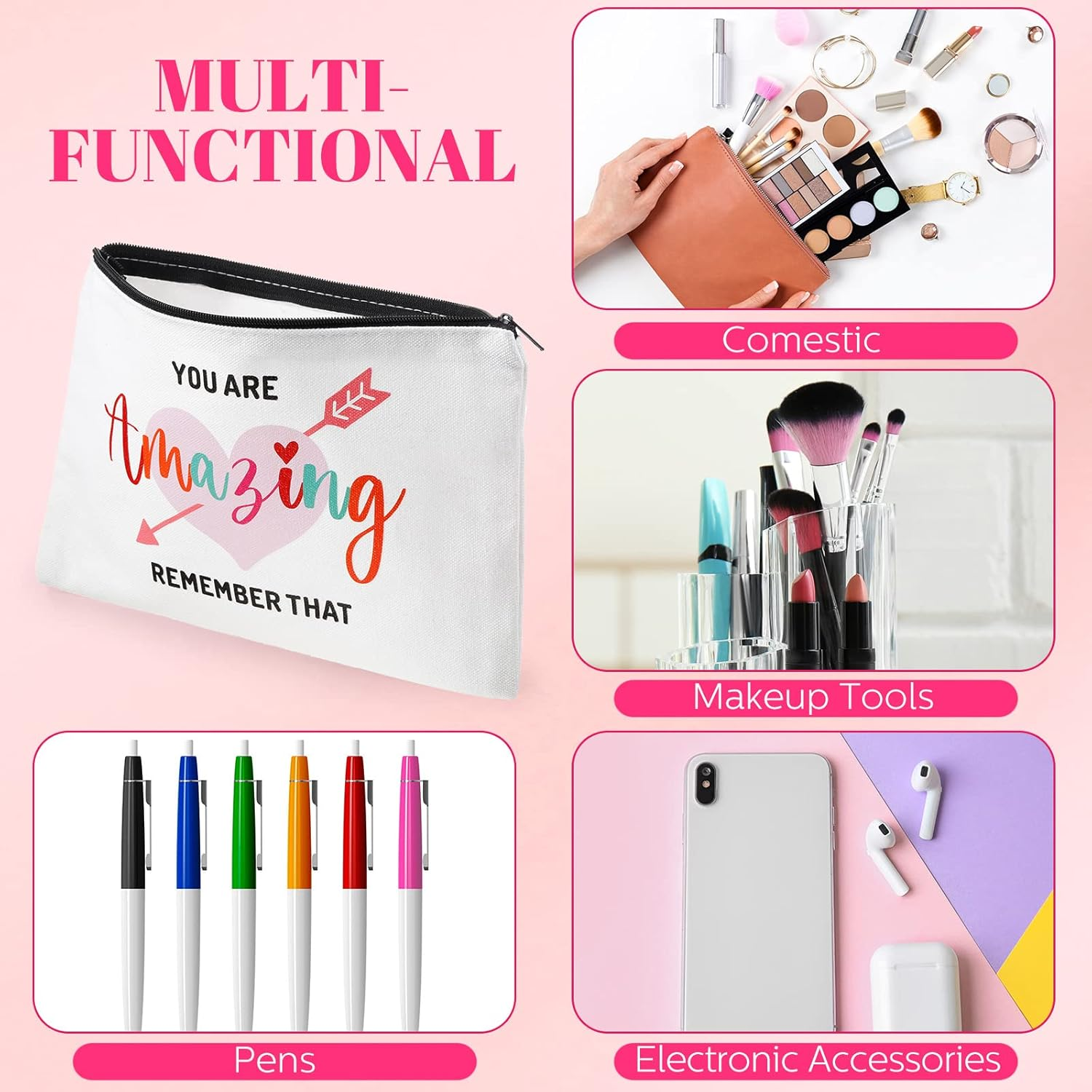 Chunful 10 Pieces Inspirational Canvas Makeup Bags for Women Bulk Rainbow Canvas Makeup Bags Cosmetic Bag with Zipper Friendship Gift Travel Toiletry Bag Pouch, White, Tree Style image number 1