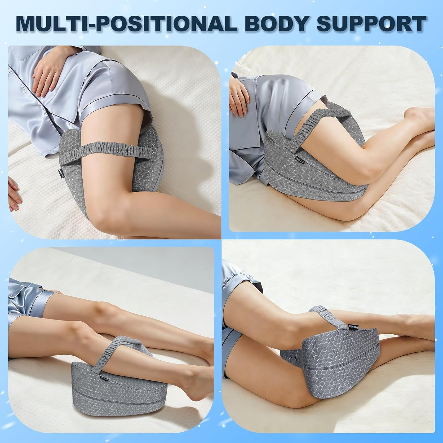 Knee Pillow, Soft Memory Foam Leg Pillows, Cool Ice Silk Hip Support Pillow for Side Sleeper, Body Pillow for Spine Alignment, Sciatica Relief, Post Injury Recovery - with Adjustable Strap (Grey) - White image number 5