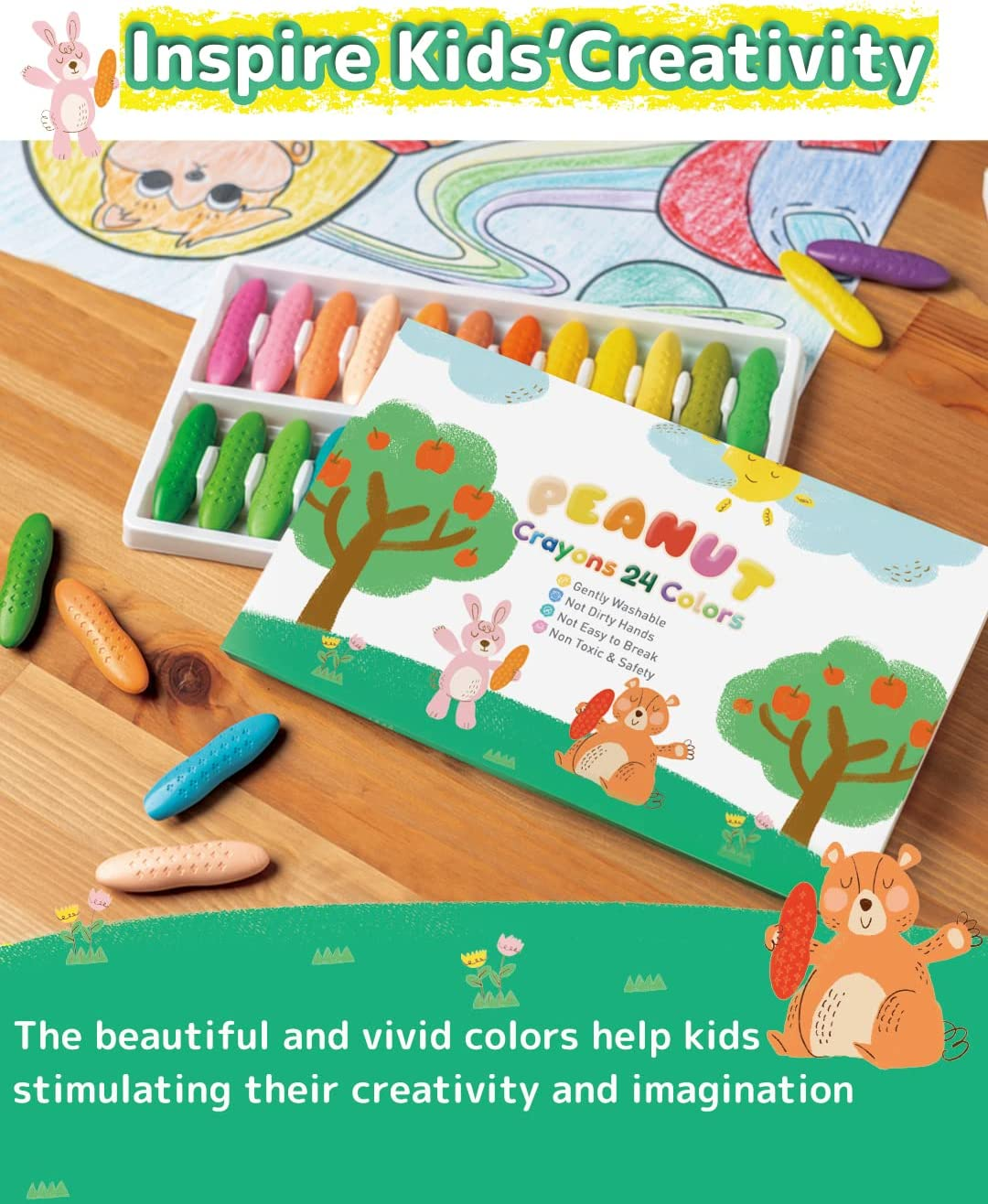 Peanut Crayons for Kids, 24 Colors Washable Toddler, Non-Toxic Baby Art Supplies for Ages 1-8, Coloring Set image number 1