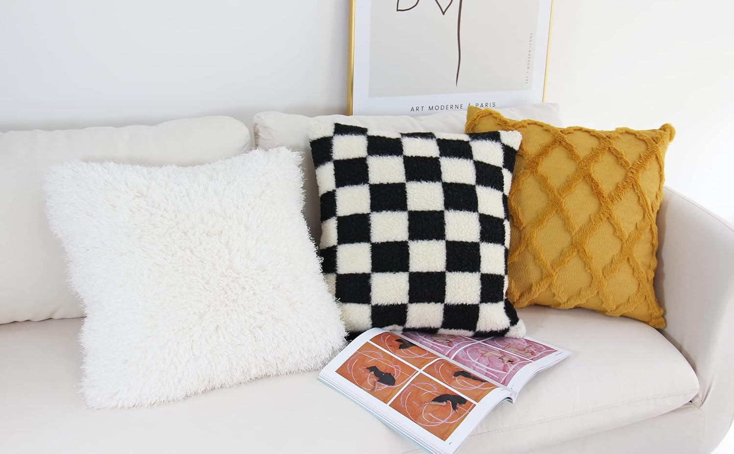 JOJUSIS Decorative Throw Pillow Covers Luxury Style Checkerboard Pattern Cushion Case Super Soft Faux Fur Wool Pillowcases for Couch Bedroom Pack of 2 (Black, 20 X 20-Inch) image number 3