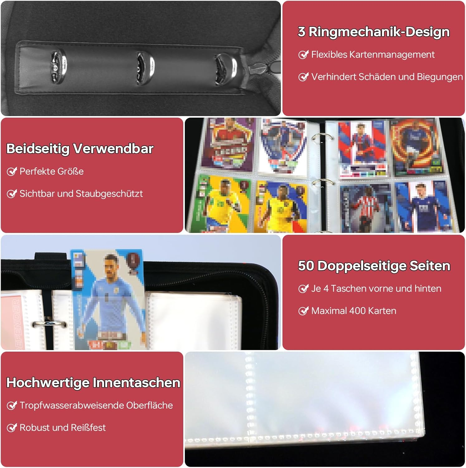 Football Scrapbook, 4 Pockets, Football Trading Cards, Album Folder with Zip, Carry Handle and 50 Sleeves for 400 Cards, 3-Ring Sports Cards, Book Folder, Collector'S Book Folder