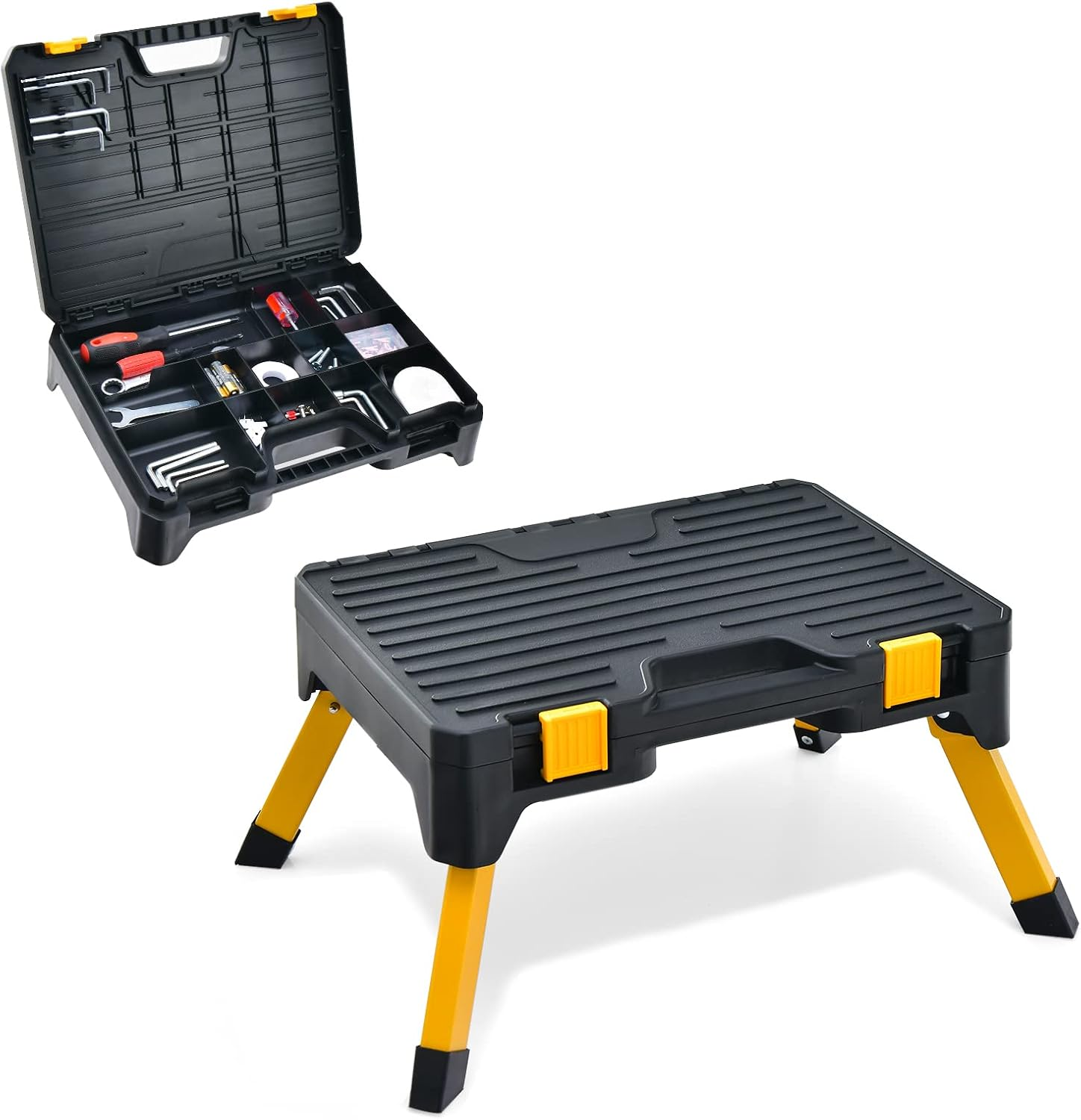 Costway One Step Stool Tool Box, Folding Step Ladder with Wide Pedal, Non-Slip Feet, 150Kg Capacity, 12 Category Storage Box, Portable Foot Stool for Kitchen, Bedroom, Office, Library, Workplace