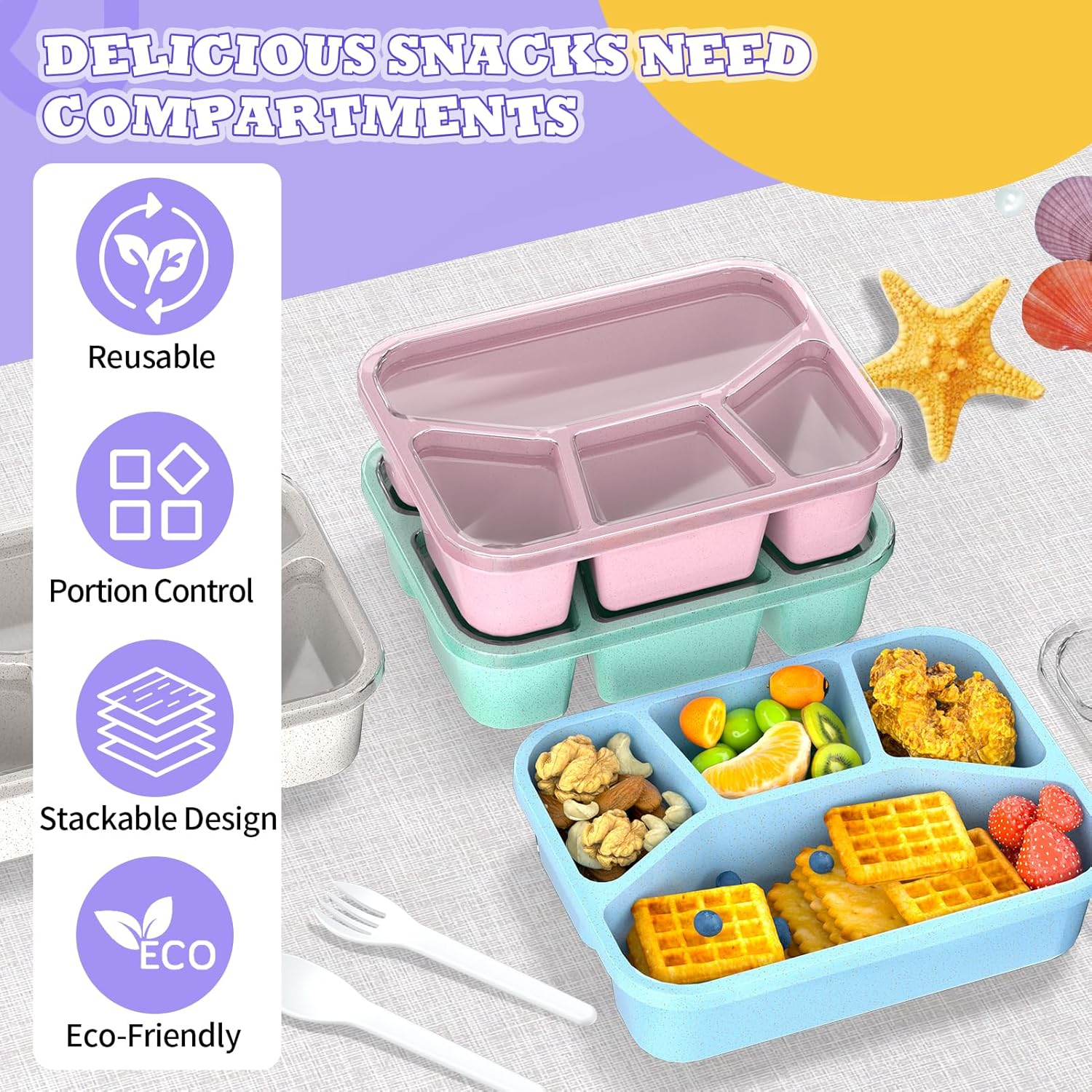 Bento Lunch Box and Snack Containers - 4 Compartments, Durable and Safe Lunch Containers for Adults Kids with Transparent Lid, Microwave Safe, BPA Free - Set of 4 (Wheat (Green/Blue/Pink/Beige)) image number 1