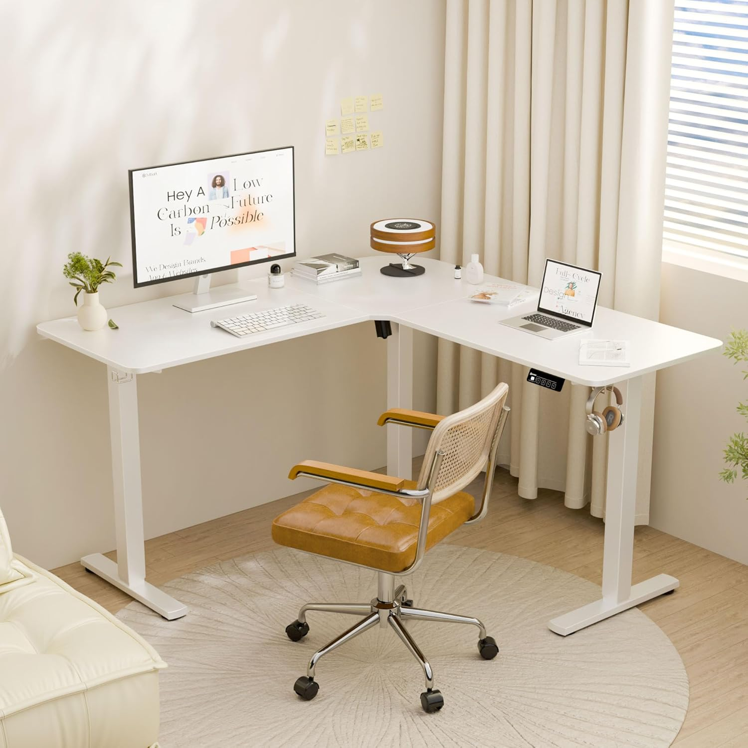 ERGOMAKER Corner Electric Standing Desk, 129 * 50Cm Height Adjustable L Shaped Desk, Stand up Desk with Splice Board, Sit Stand Desk with Memory Smart Handset(White Frame + White Desktop) image number 4