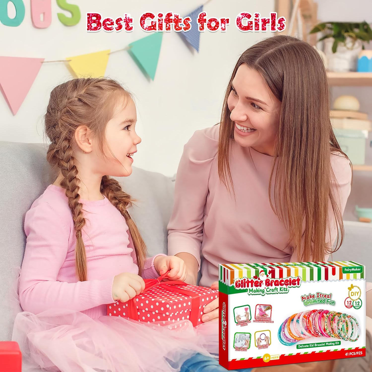 Fairymaker Glitter Bracelet Making Kit for Girls, DIY Arts and Crafts Kit with 12 Bracelets, 8 Glitter Colours, 4 Gemstone Types, Laser Sparkle Shapes for Kids&rsquo; Birthday, Children Gifts for Ages 6-12 (Christmas) image number 3