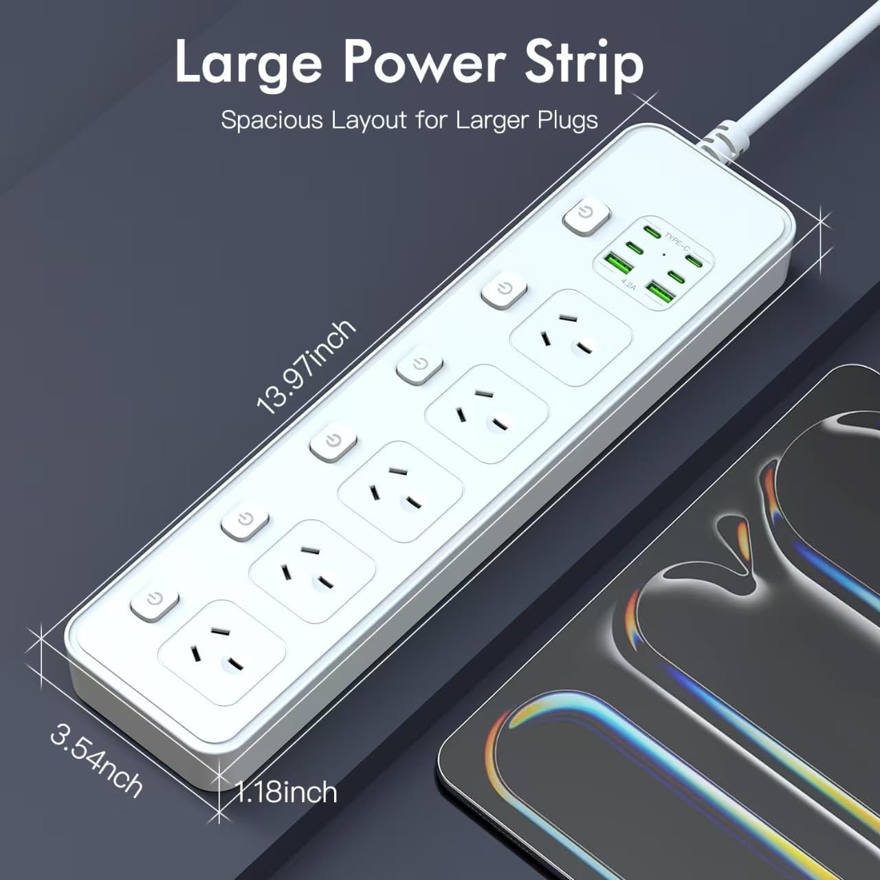 Power Board Individual Switch,11-In-1 Power Strip with 5 AC Outlets, Surge Protector Powerboard with 6 USB Ports(4 USB C Outlets), 1.8M Extension Cord Power Strip,Wall Mount for Home Office White image number 5
