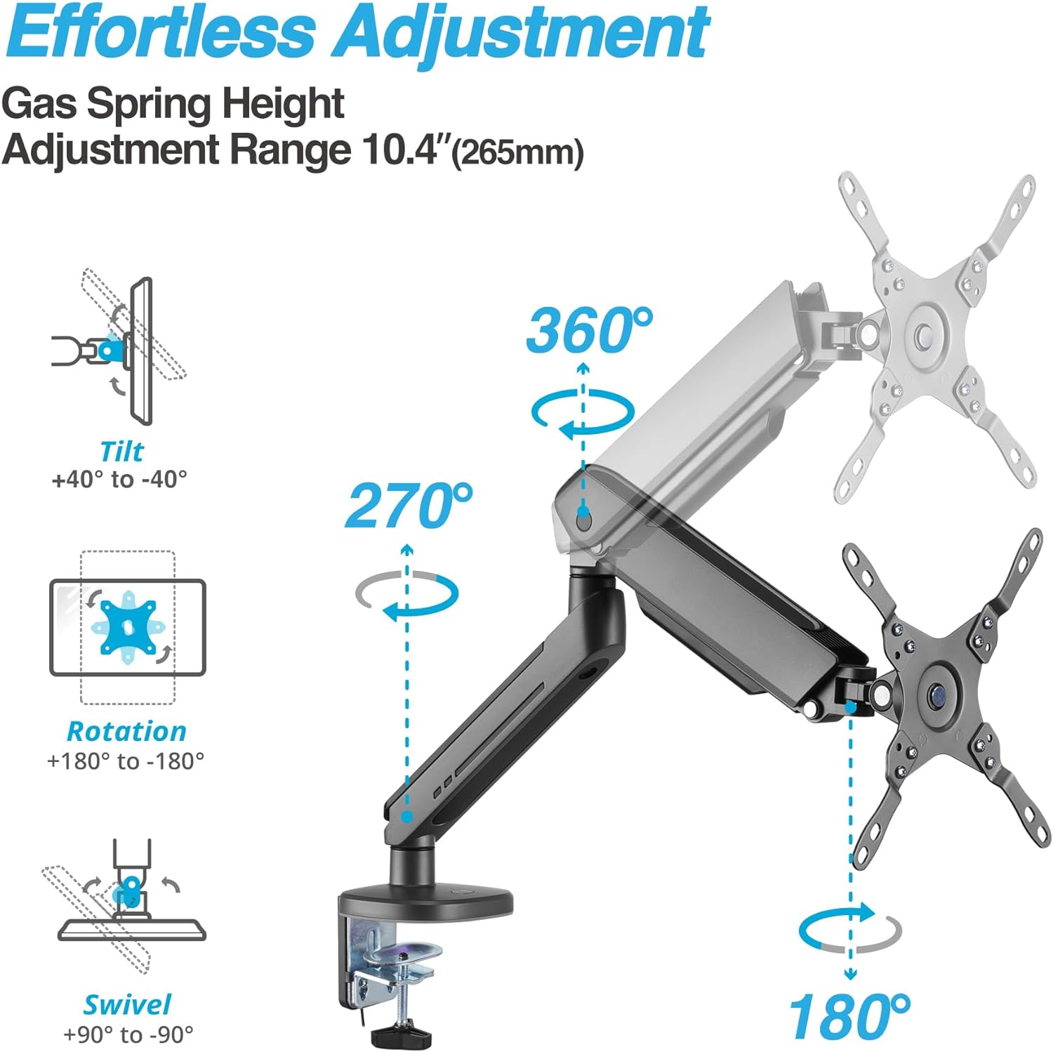 AVLT Single RGB Gaming Monitor Arm Desk Mount, Fits 27&rdquo;-45&rdquo; Monitors, 20 Lighting Modes with Touch Control, Adjustable Height, Swivel Tilt Rotation - Dark Gray