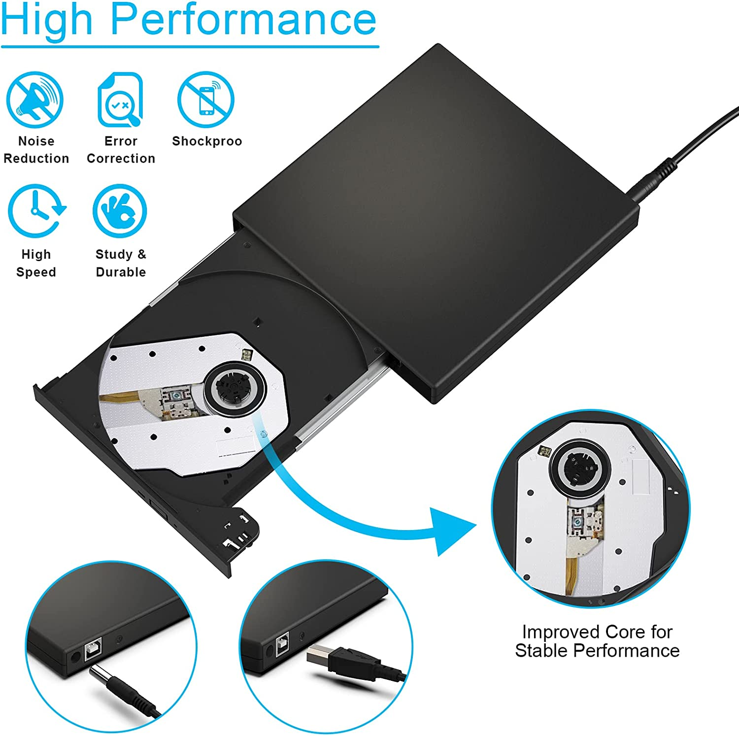 External CD DVD Drive, USB 2.0 Slim Protable External CD-RW Drive DVD-RW Burner Writer Player for Laptop Notebook PC Desktop Computer, Black image number 4