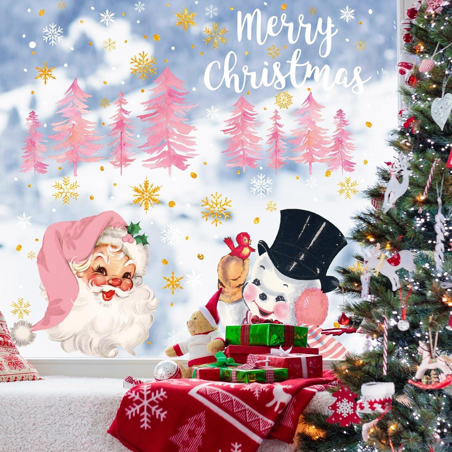 6 Sheets Christmas Window Clings Vintage Xmas Pink-Gold Santa Snowman Window Decals Double-Sided Winter Holiday Glass Decor image number 4