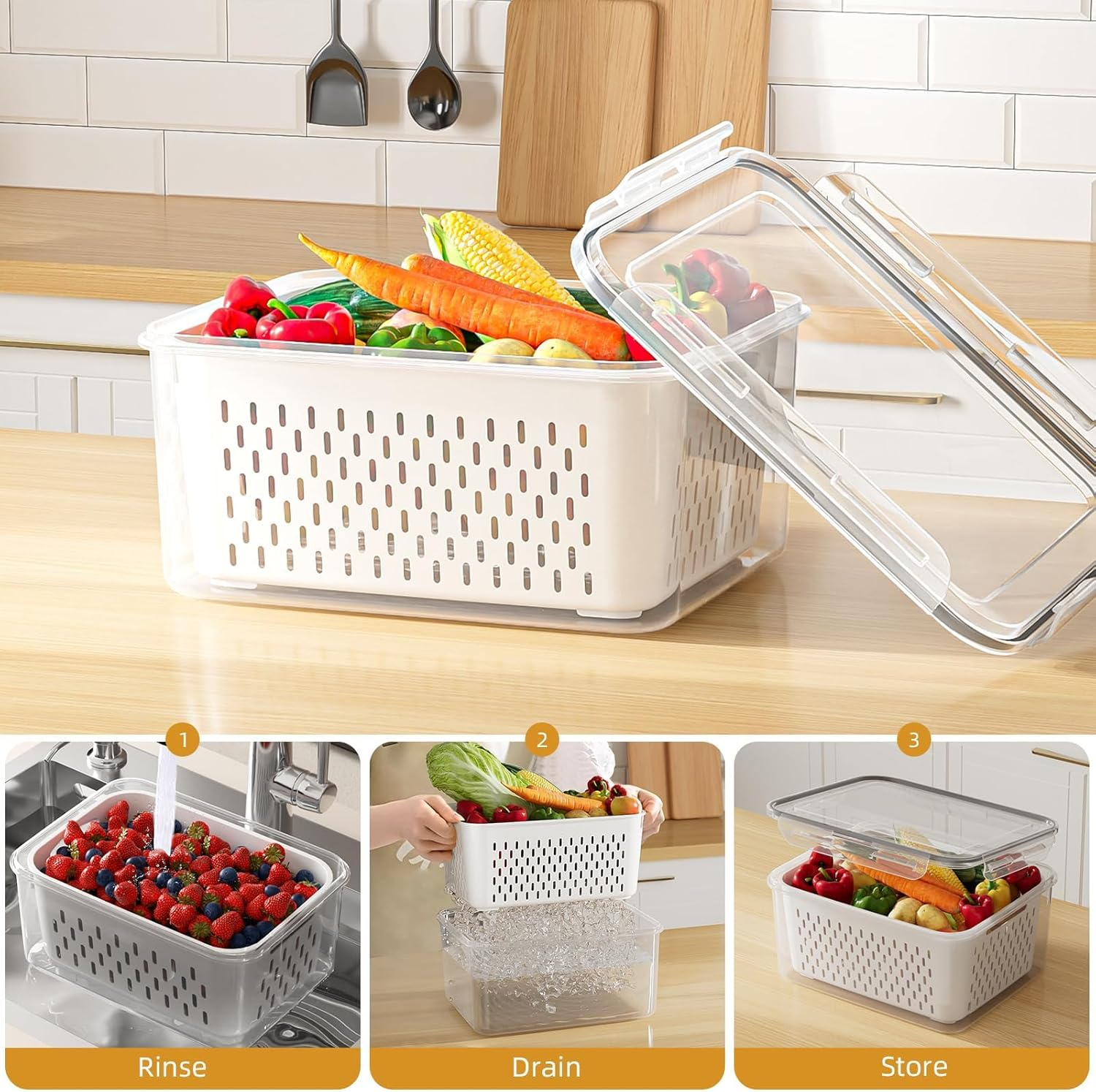 Fruit Storage Containers, 4 PCS Vegetable Container for Fridge with Removable Colanders, Freezer-Sealed Drained Fruit Containers for Fridge, Keep Fruit Fresh and Dishwasher Safe, Food-Grade image number 6