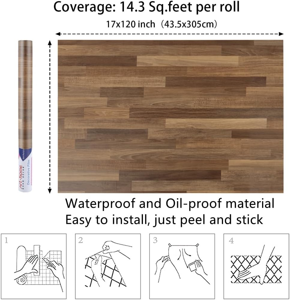 Arthome 43.5X305Cm Brown Wood Grain Peel and Stick Wallpaper Self Adhesive Removable Decorative Film Waterproof Contact Paper for Cabinets, Drawers, Countertops