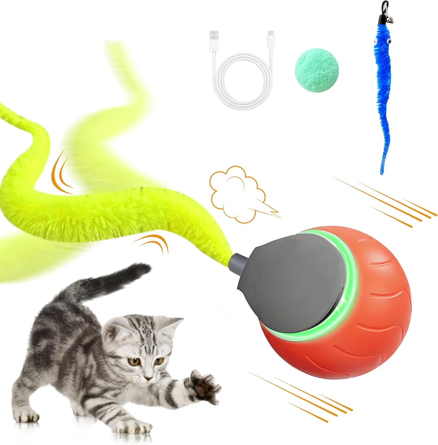 Interactive Cat Toy Ball with Tail&ndash;2025 Upgrades Cat Toys for Indoor USB-C Rechargeable, Auto Rolling, Smart Obstacle Avoidance, Self-Activating Electric Chase Toy for Bored Indoor Cats & Dogs image number 6