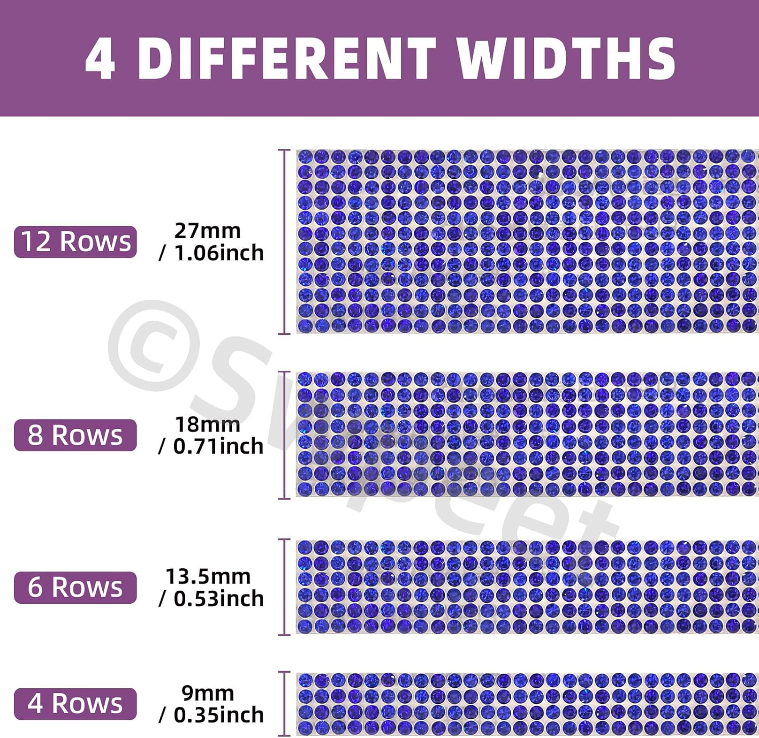 Swpeet 4 Rolls 4 Sizes Royal Blue Self Adhesive Rhinestone Ribbons Strips, Bling Crystal Rhinestone Diamond Ribbons Stickers, Rhinestone Tape Wrap, Diamond Rhinestone Roll for Crafts Phone Decoration - Ab image number 5