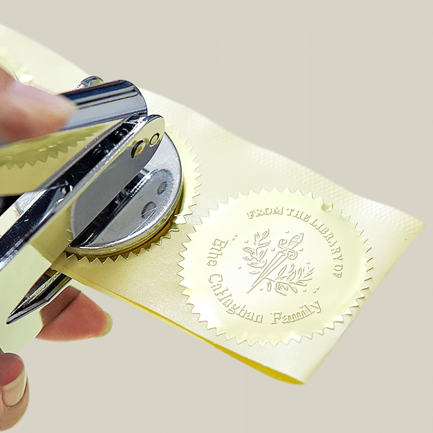 Book Embosser Personalised, Book Embosser for 40MM Diameter Stamp with 10 Stickers | for Books Lover Gift, Wedding, Envelopes,Stamps(Sliver) ﻿ - Sword Of Fable (Silver) image number 2