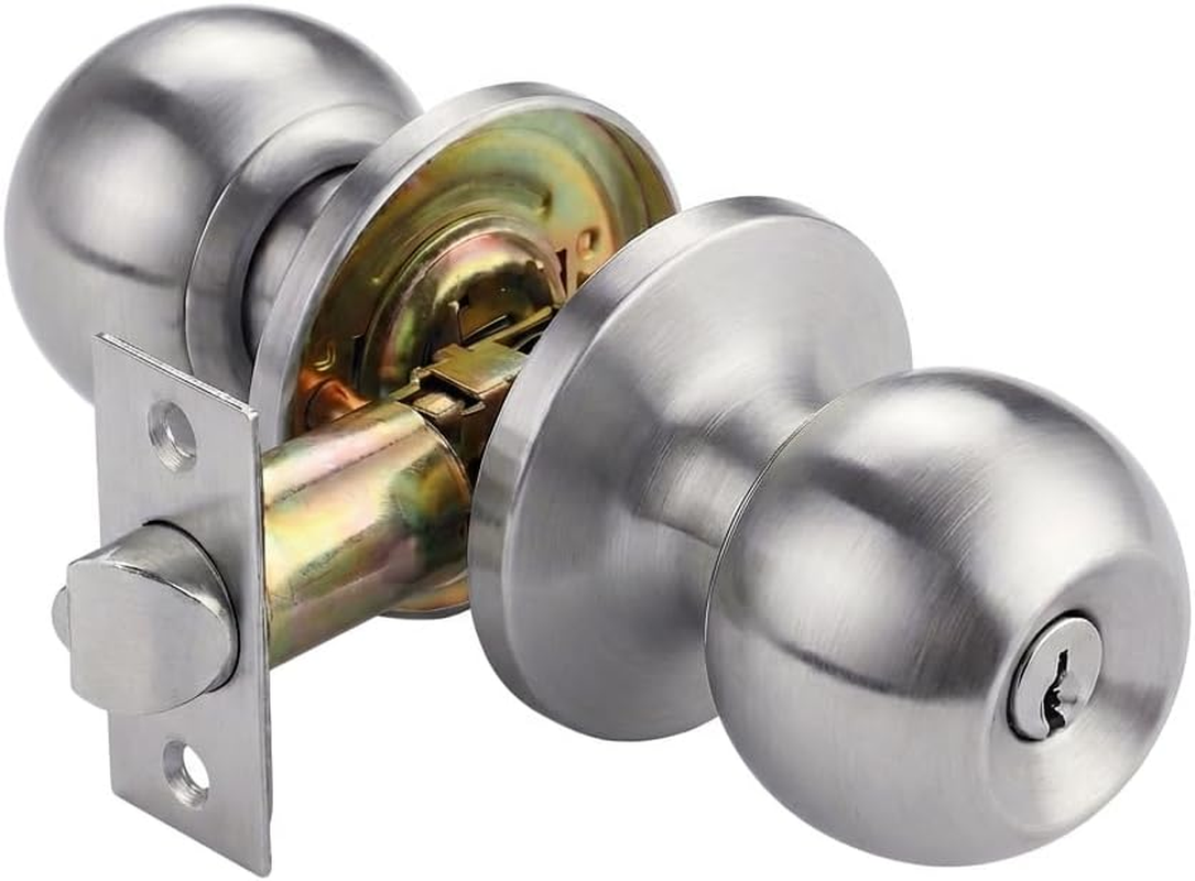 Keyed Entry Door Knob with Lock, Interior and Exterior Door Lock, Standard Ball, Satin Nickel(Hy904) image number 4