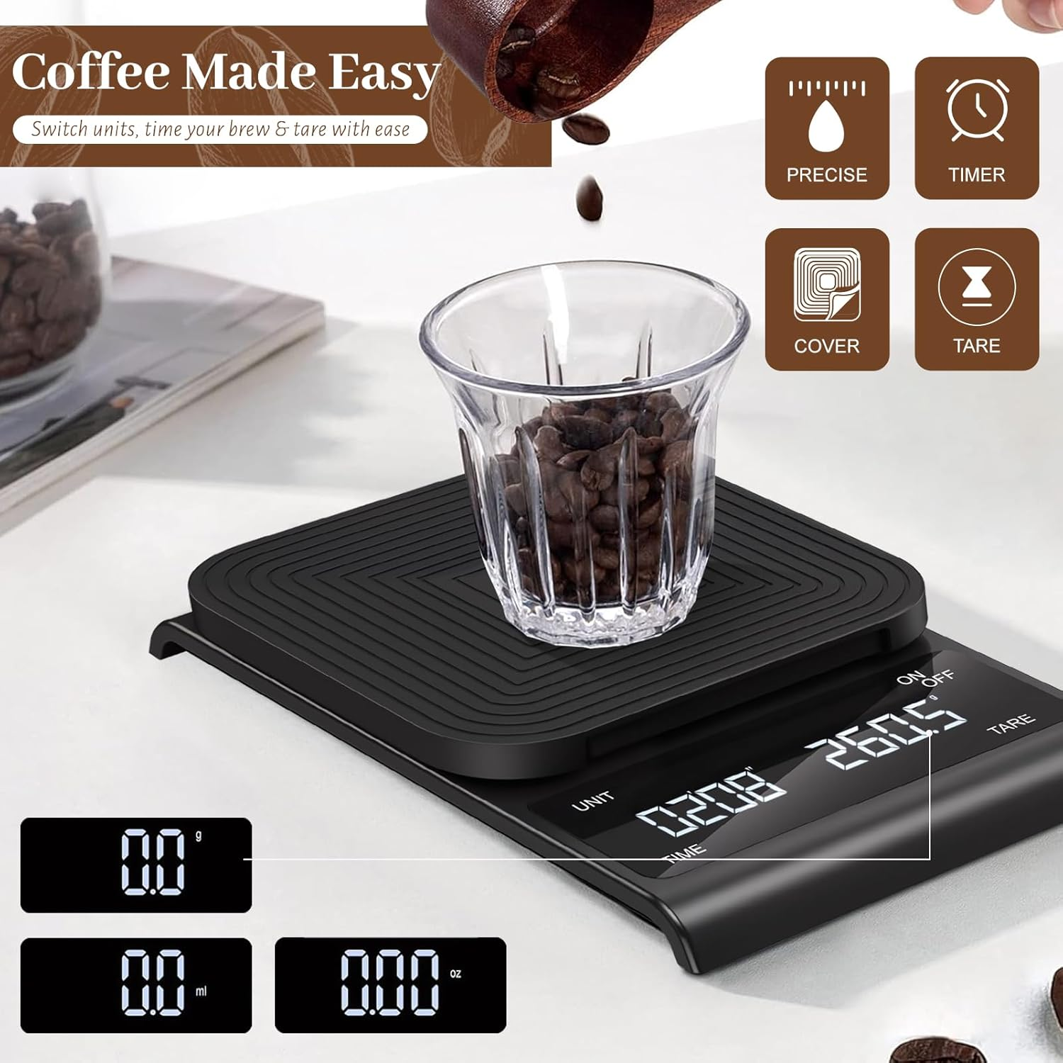 Coffee Scale with Timer - 3Kg/0.1G High Precision Small Kitchen Scales for Espresso and Pour over Coffee, Rechargeable Digital Food Scale with Auto Tare, Touch Sensor and Silicone Cover, Black image number 2