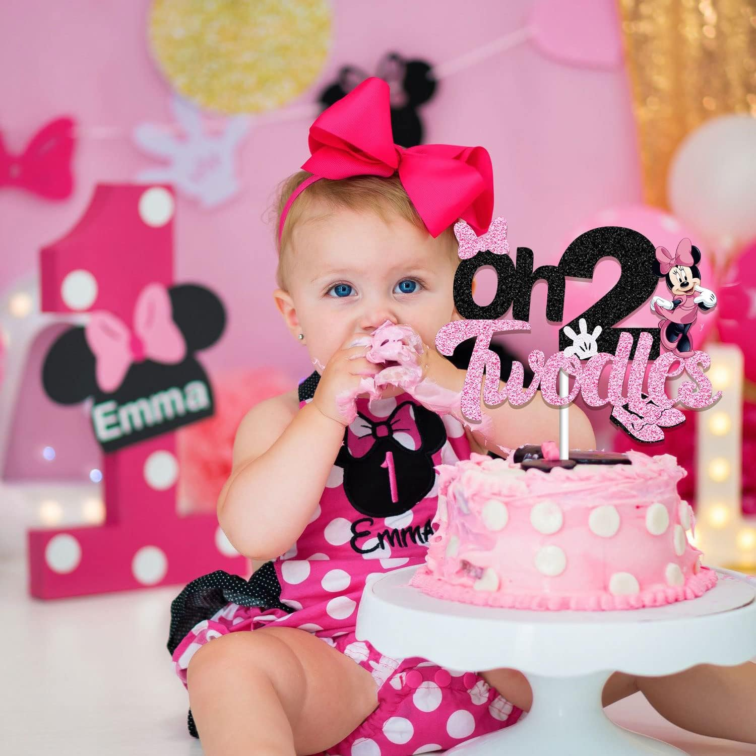 Oh Twodles Cake Topper for Girls, Black Glitter Mouse Second 2Nd Birthday Cake Topper with Pink Bows and White Gloves Girls Birthday Party Decorations Supplies(Double-Sided) image number 4
