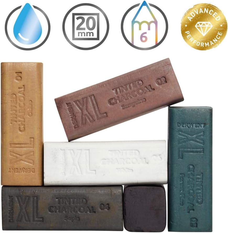 Derwent Tinted Charcoal XL Blocks 6 Tin, Set of 6, 60Mm Extra-Large Block, Naturally Water-Soluble, Ideal for Sketching, Drawing and Expressive Mark Making, Professional Quality (2306177) image number 2