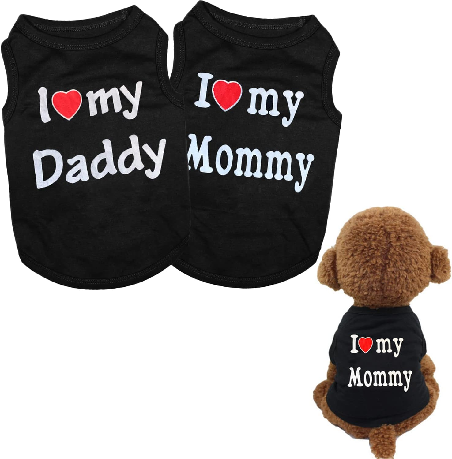 2 PCS I Love My Mommy/Daddy Pattern Dog T-Shirts Clothes Dog Shirts Apparel Summer Outfit Coats for Small Dogs Cat Pet Puppy (XS, Grey)