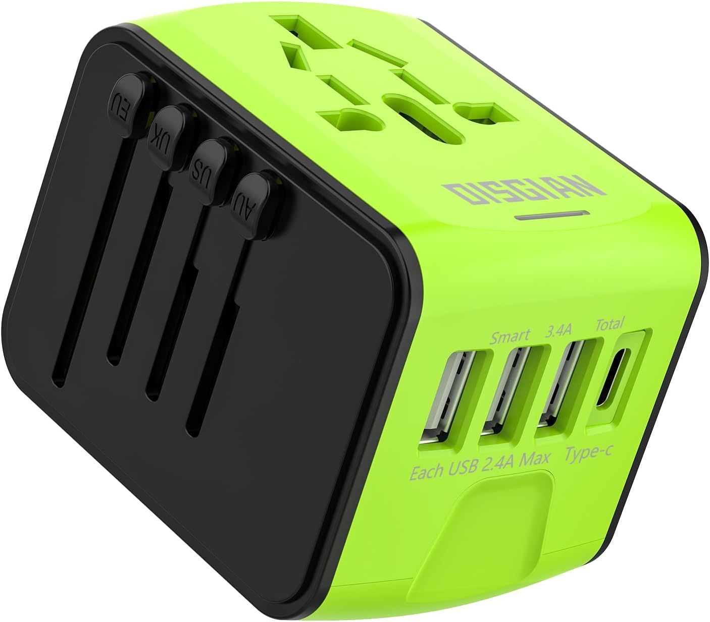 Travel Adapter, Universal International Power Adapter with 3USB Port and Type-C International Wall Charger Worldwide AC Power Plug for Multi-Nation Travel UK, EU, AU over 200 Countries (Green)