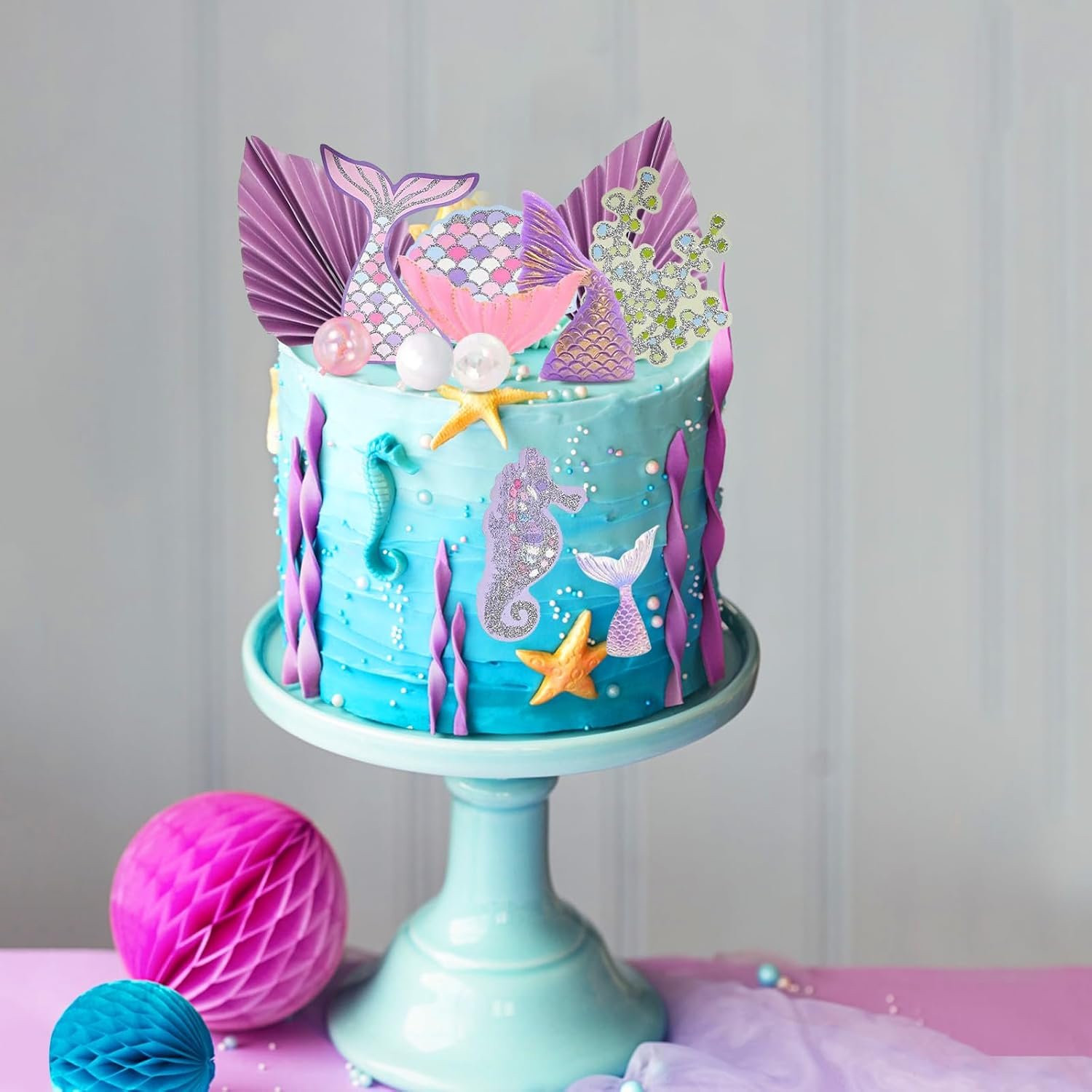 22 Pcs Mermaid Cake Topper, Mermaid Theme Cake Decorations Tail Starfish Seaweed Shell Seahorse Bubble Palm Leaf Cupcake Picks for under the Sea Theme Baby Shower Birthday Party image number 2