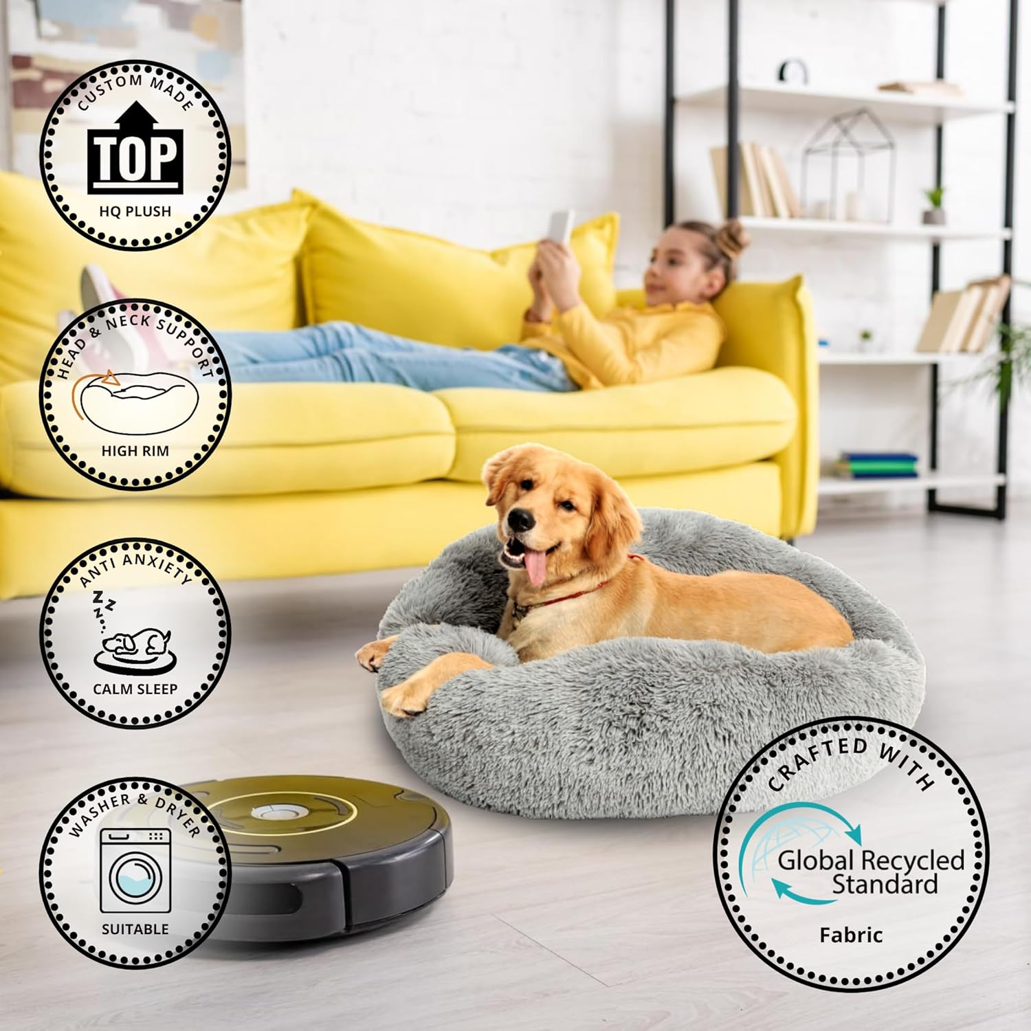 Calming Dog Bed and Cat Bed, Donut Dog Bed Large, Recycled (GRS) Material, Extra Long Plush, Fuller Bolster and Cushion, Anti-Slip Bottom, Machine Washable Dog Bed [Large/Br] image number 1