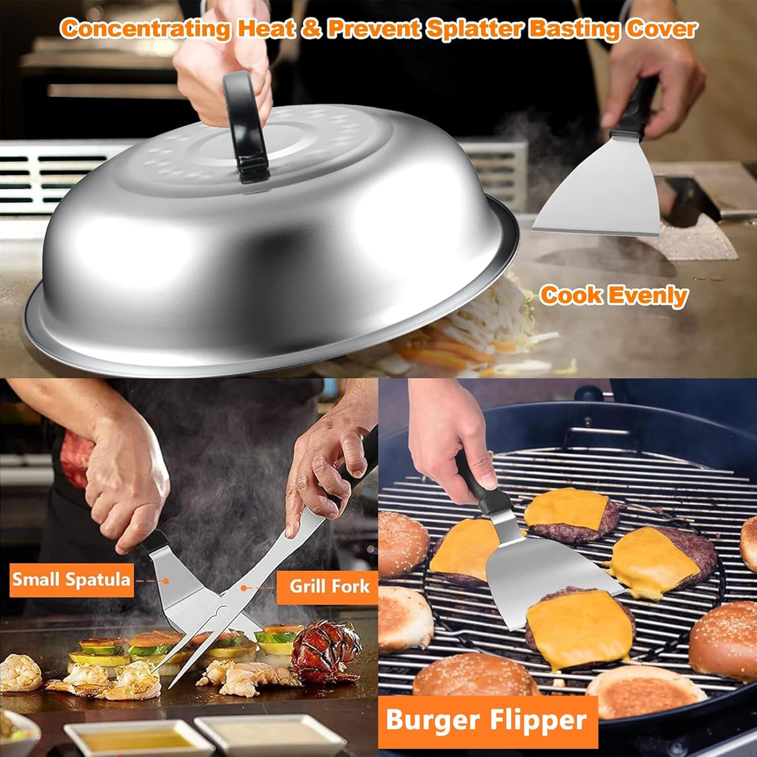 34PCS Griddle Accessories Kit, Flat Top Grill Accessories Set for Blackstone, Grill Spatula Set with Enlarged Spatulas, Basting Cover, Scraper for Outdoor Barbecue