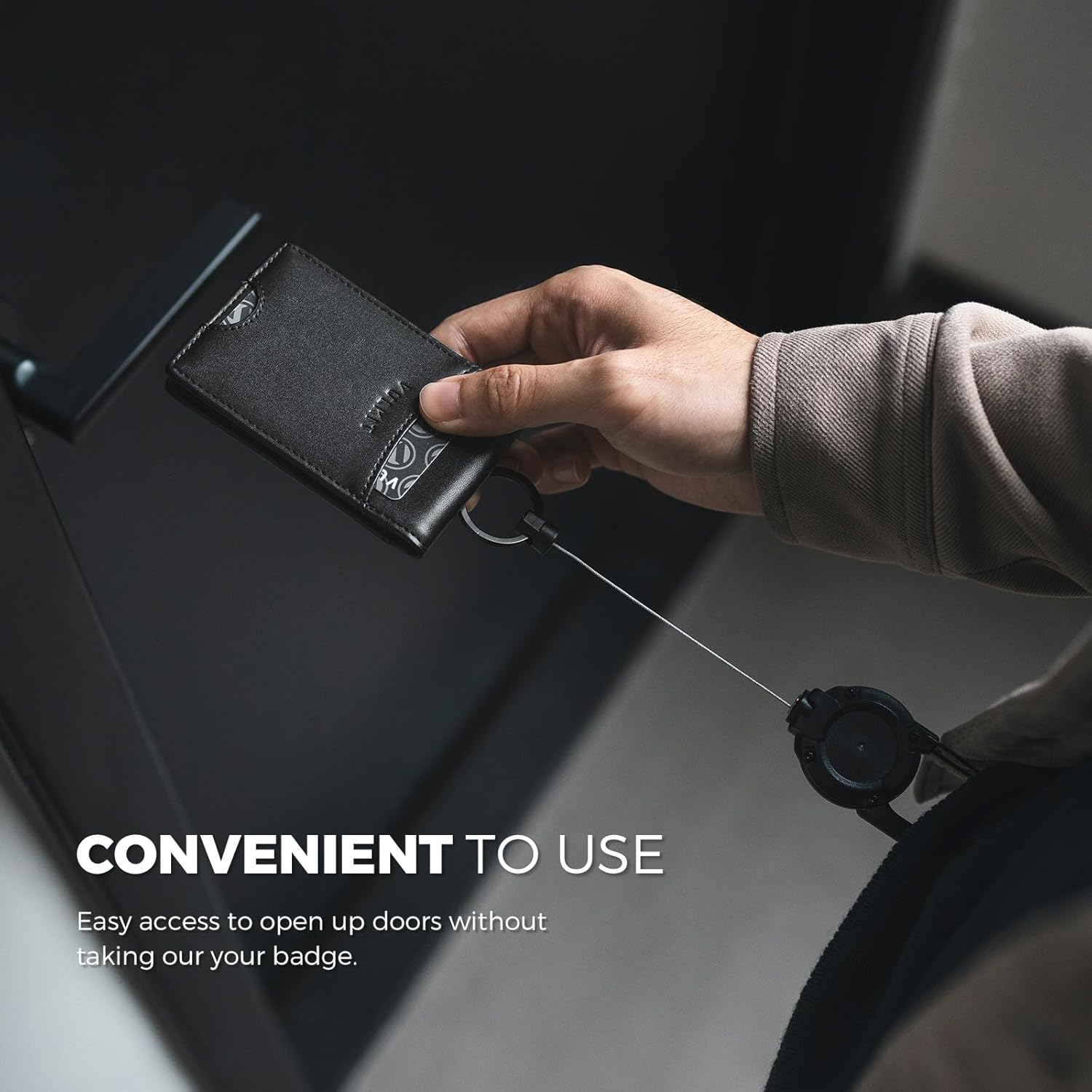 VULKIT Badge Holder Retractable Clip, Leather Bifold Double ID Card Holder, Retractable Keychain Carabiner, Holds 5 Cards, Keys Black - Black image number 2