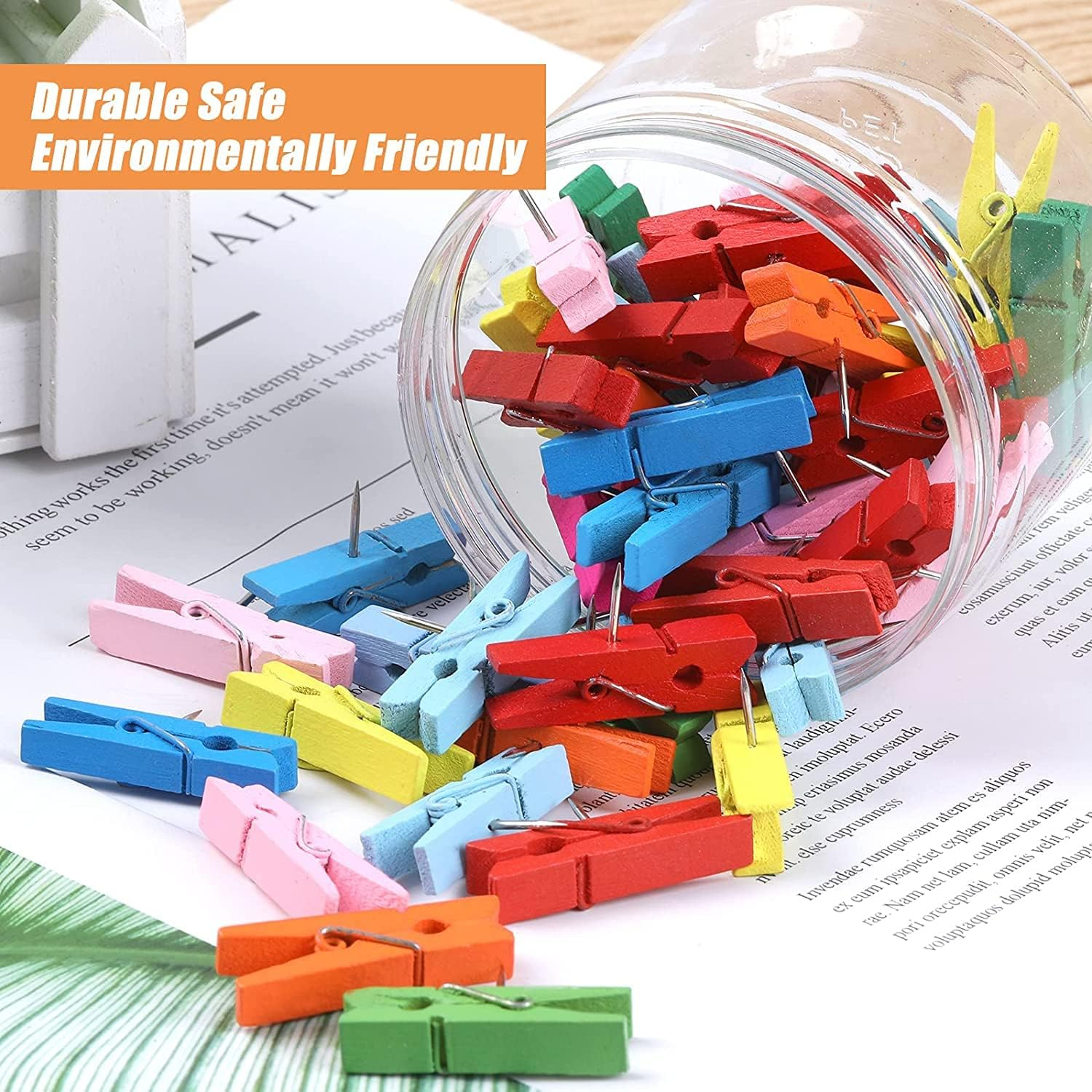 50 PCS Colorful Push Pin with Wooden Clips, Durable, Decorative Pushpins Tacks Thumbtacks for Cork Board Artworks Notes Photos, Craft Projects, Offices and Homes (8 Colors) image number 1