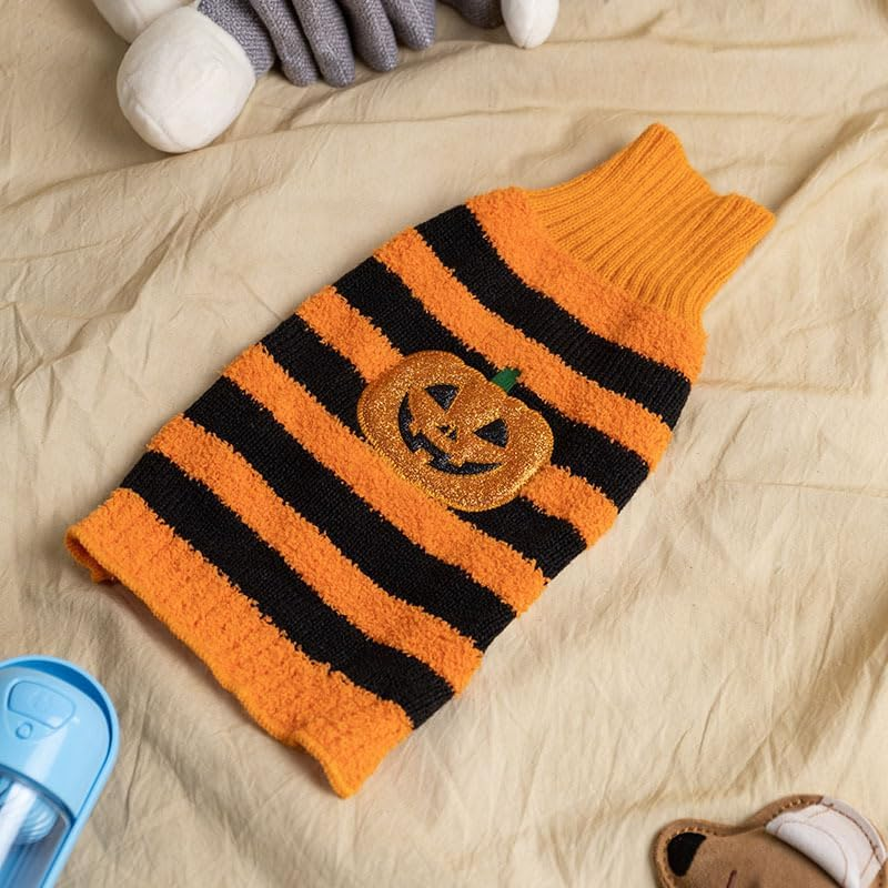 Halloween Dog Sweater Striped Turtleneck Puppy Cat Sweaters with Leash Hole Soft Warm Fall Winter Dog Clothes Cute Pumpkin Sleeveless Dog Sweatshirt for Small Medium Large Dogs (Orange, M) image number 3