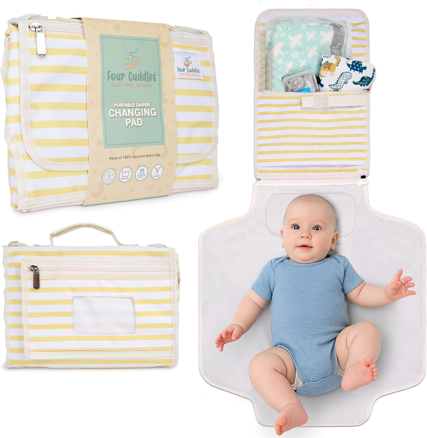Portable Diaper Changing Pad - Newborn Essentials, Waterproof, Extra Wide & Long, Padded Foldable Wipeable Mat, Travel Bag, Baby Registry Gift, Wipes Pocket, Eco-Friendly (Yellow) image number 4