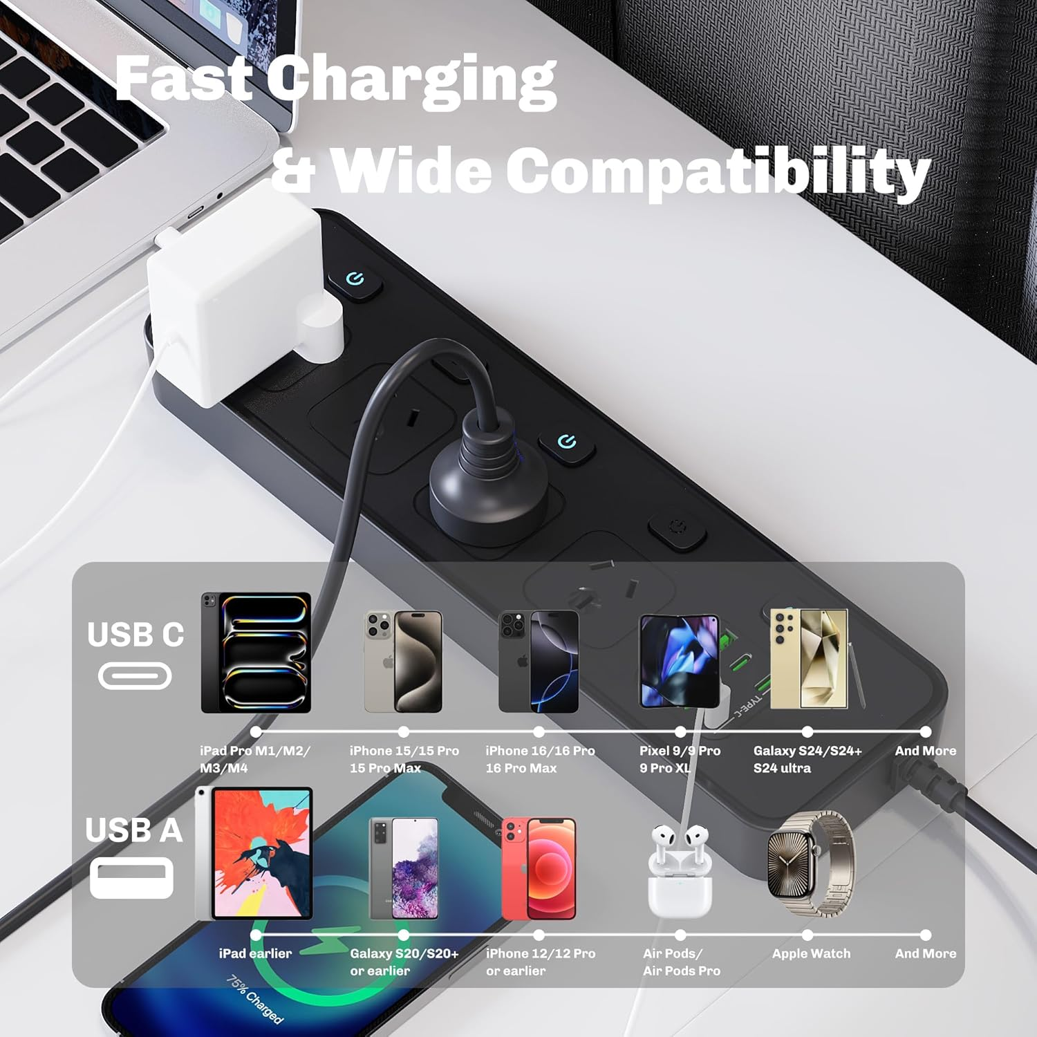 Power Board USB, 2M Black Durable Extension Cord with 4 AC Outlets, 5 Switches, 2 USB-A/4 USB-C Ports Power Strip, Overload, Surge Protection,Wall Mountable Power Board for Office, Home image number 1